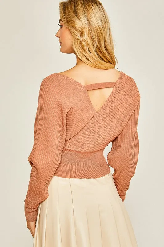 Salmon Surplice Neckline Ribbed Sweater