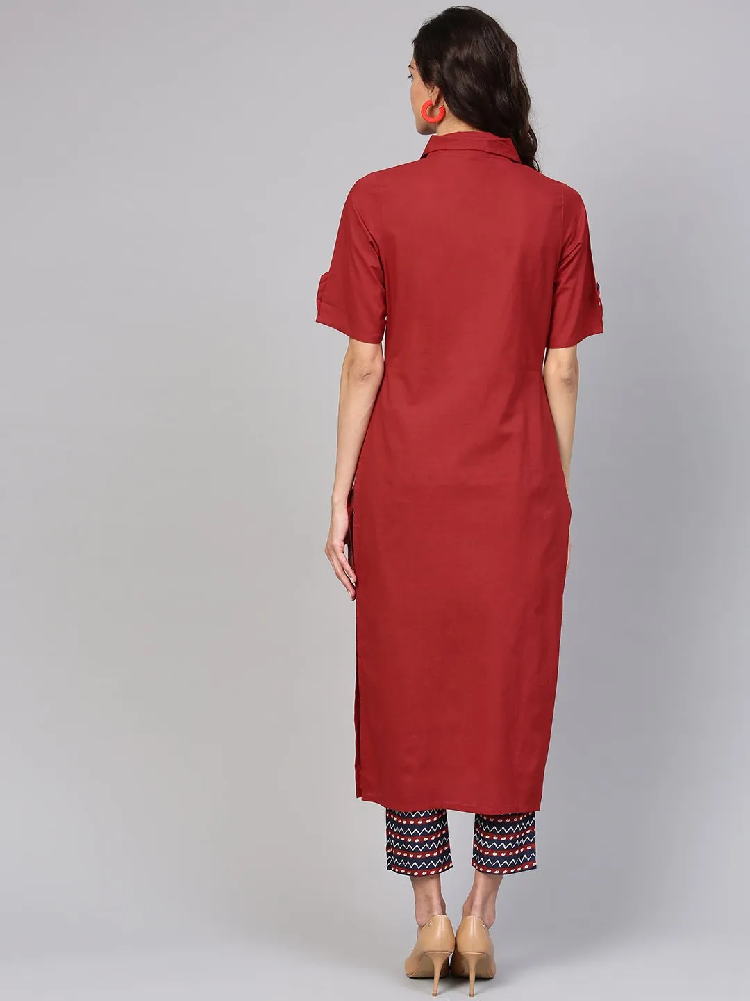 Solid Maroon Shirt Collared Kurta With Indigo Geometric Printed Pants