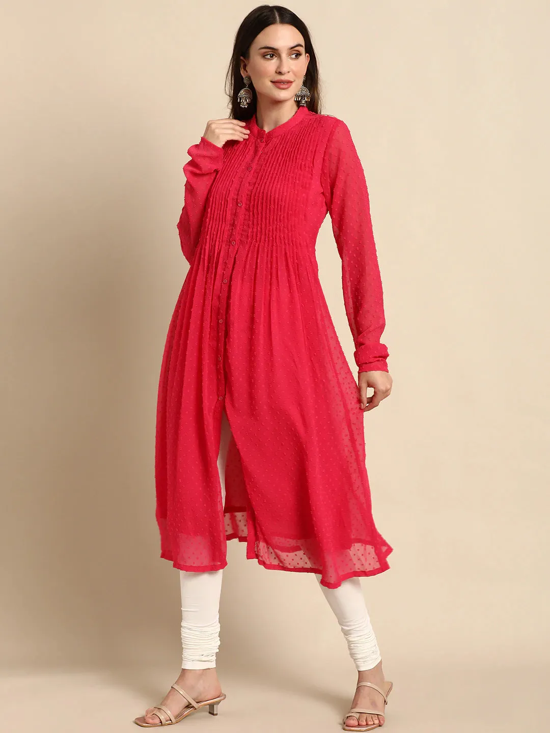 Solid Red Full Sleeves Poly Chiffon Dress