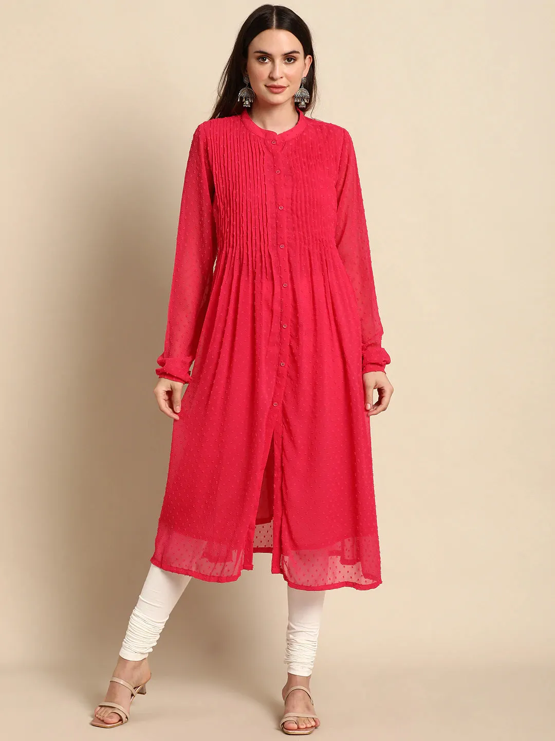Solid Red Full Sleeves Poly Chiffon Dress