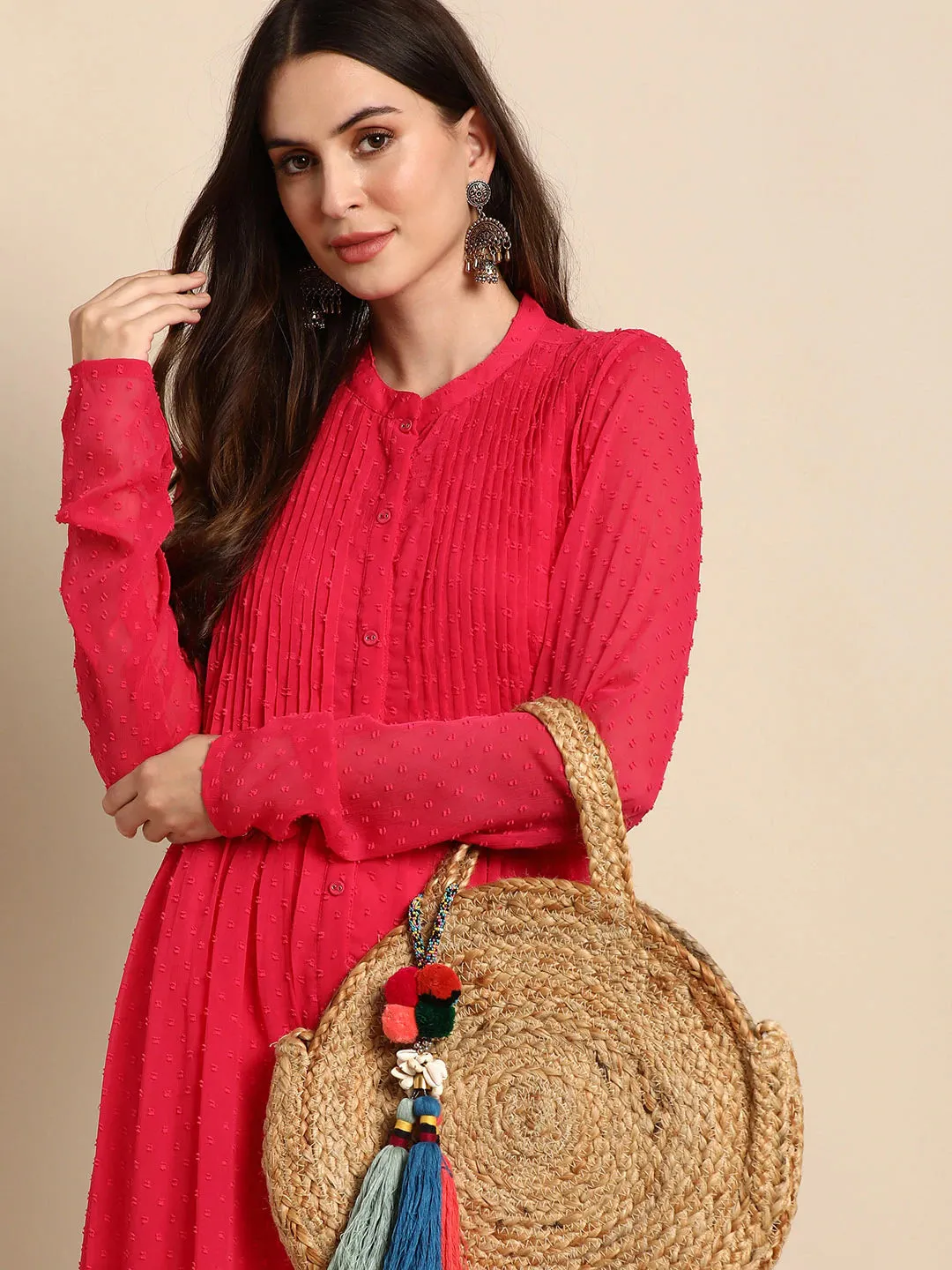 Solid Red Full Sleeves Poly Chiffon Dress