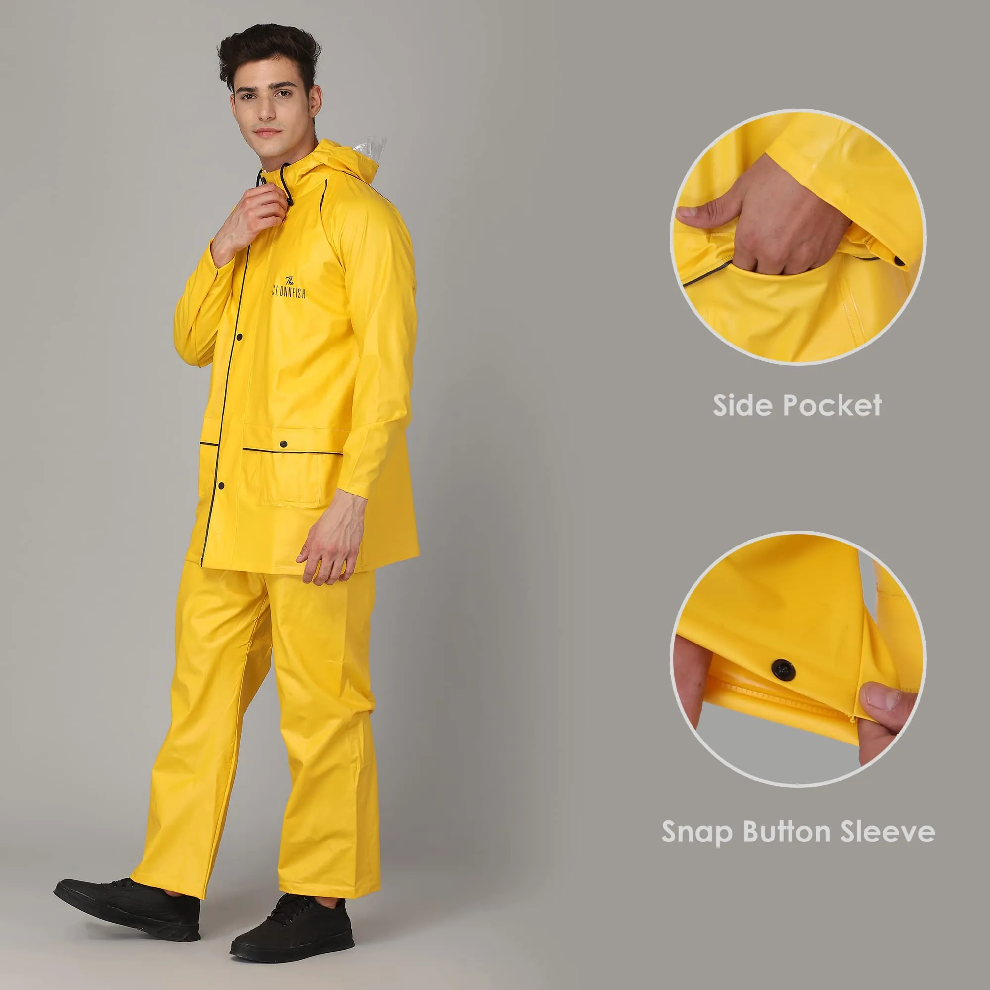 STRAUSS THE CLOWNFISH Roberto Series PVC Rain Coat for Men Waterproof for Bike With Hood Raincoat for Men Set of Top and Bottom Packed in a Matching Storage Bag (Yellow With Black Piping, Large)