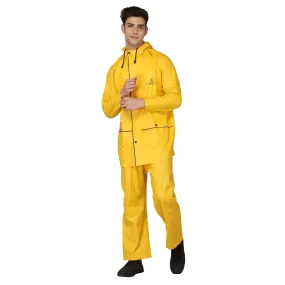 STRAUSS THE CLOWNFISH Roberto Series PVC Rain Coat for Men Waterproof for Bike With Hood Raincoat for Men Set of Top and Bottom Packed in a Matching Storage Bag (Yellow With Black Piping, Large)