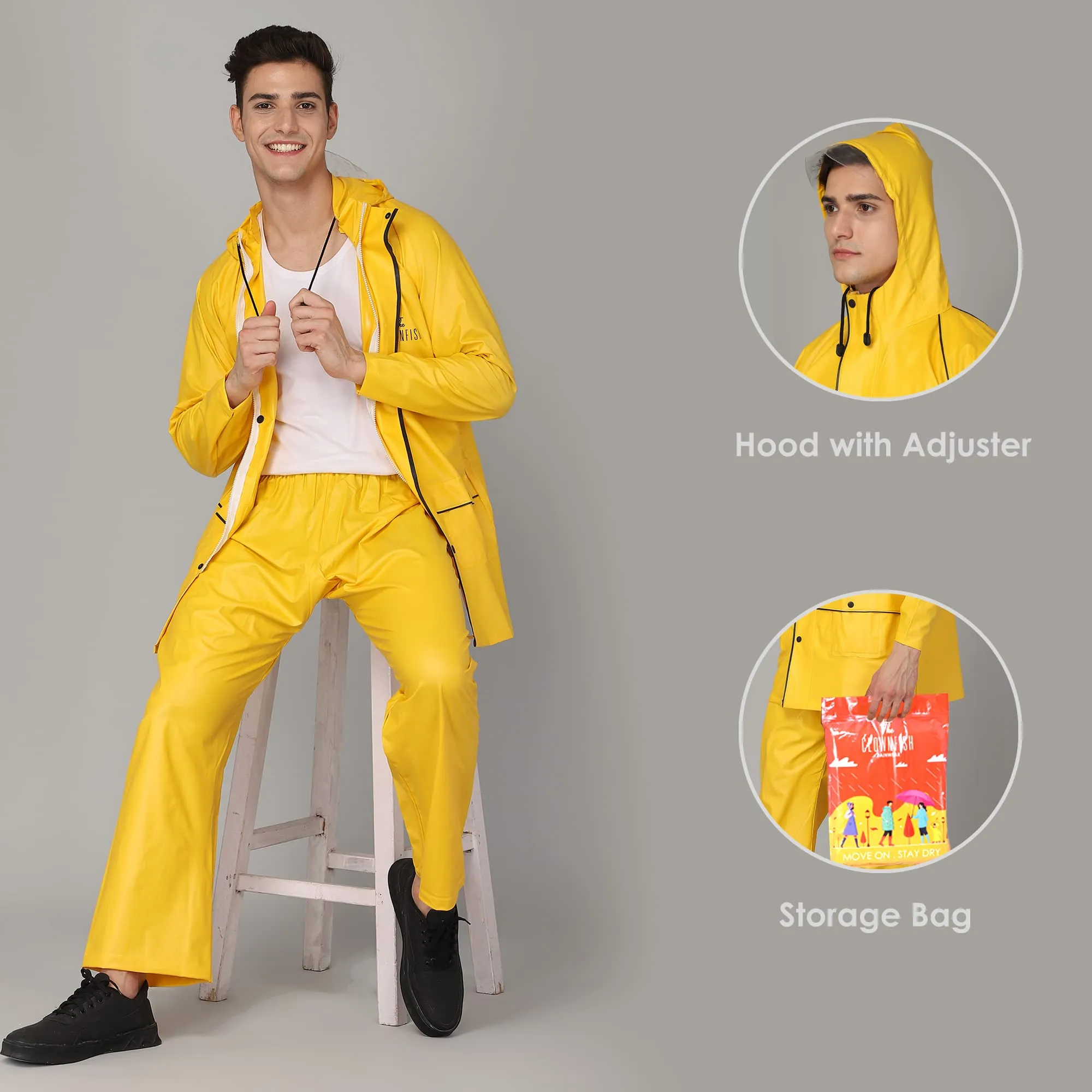 STRAUSS THE CLOWNFISH Roberto Series PVC Rain Coat for Men Waterproof for Bike With Hood Raincoat for Men Set of Top and Bottom Packed in a Matching Storage Bag (Yellow With Black Piping, Large)