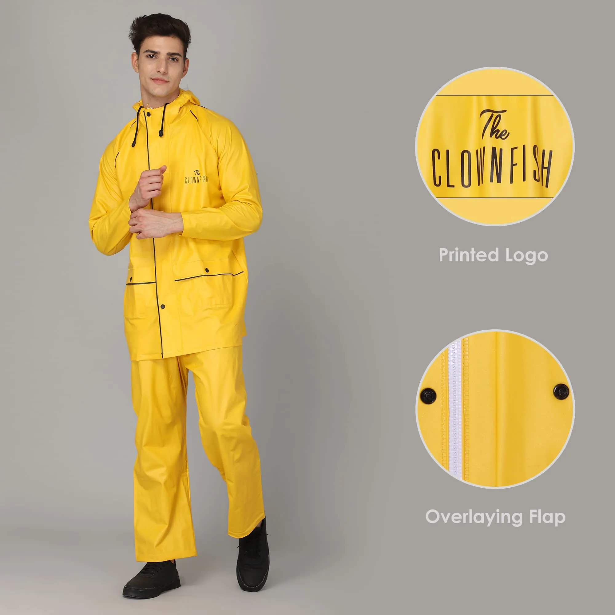 STRAUSS THE CLOWNFISH Roberto Series PVC Rain Coat for Men Waterproof for Bike With Hood Raincoat for Men Set of Top and Bottom Packed in a Matching Storage Bag (Yellow With Black Piping, Large)