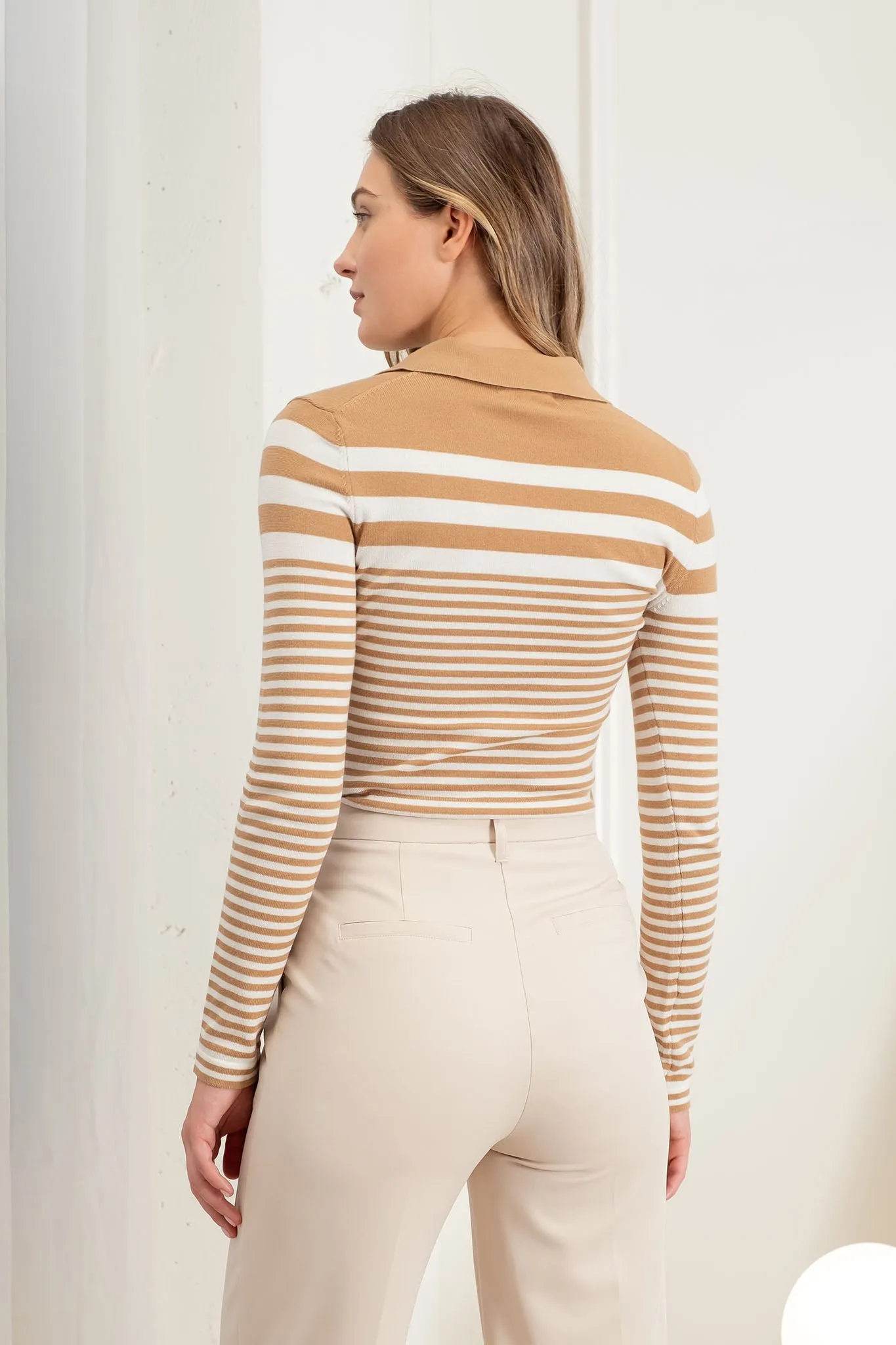 STRIPE COLLARED LONG SLEEVE POLO SWEATER KNIT TOP