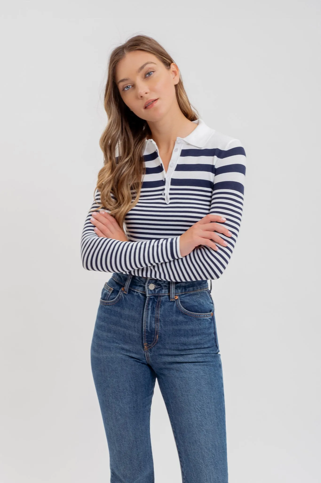 STRIPE COLLARED LONG SLEEVE POLO SWEATER KNIT TOP