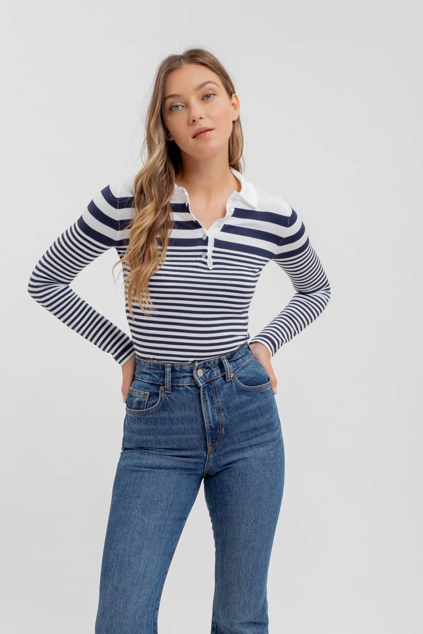 STRIPE COLLARED LONG SLEEVE POLO SWEATER KNIT TOP