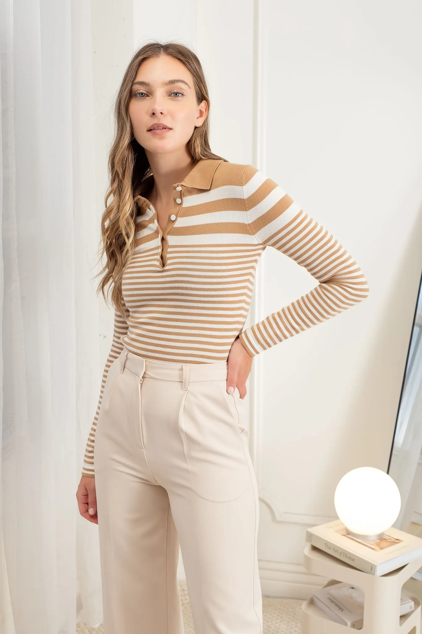 STRIPE COLLARED LONG SLEEVE POLO SWEATER KNIT TOP