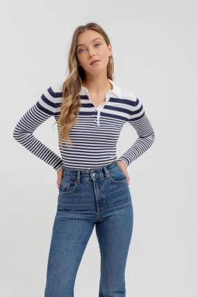 STRIPE COLLARED LONG SLEEVE POLO SWEATER KNIT TOP