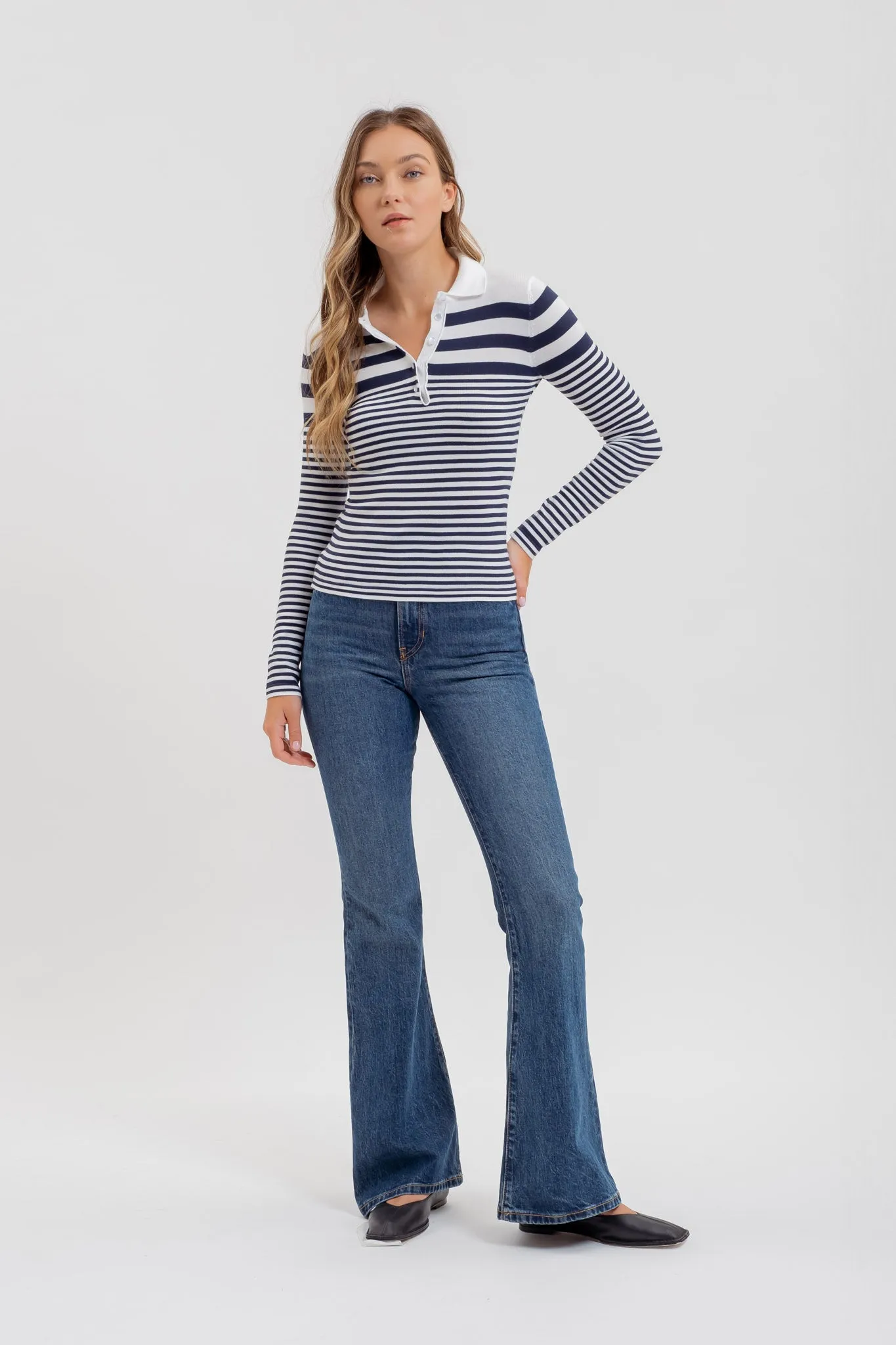 STRIPE COLLARED LONG SLEEVE POLO SWEATER KNIT TOP