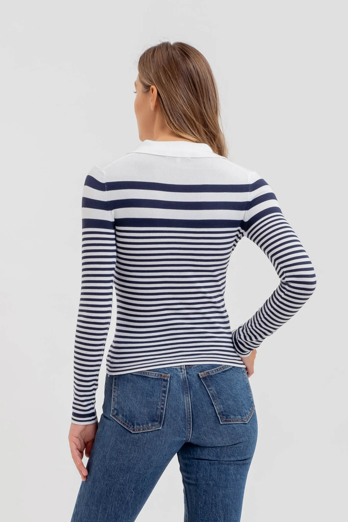 STRIPE COLLARED LONG SLEEVE POLO SWEATER KNIT TOP