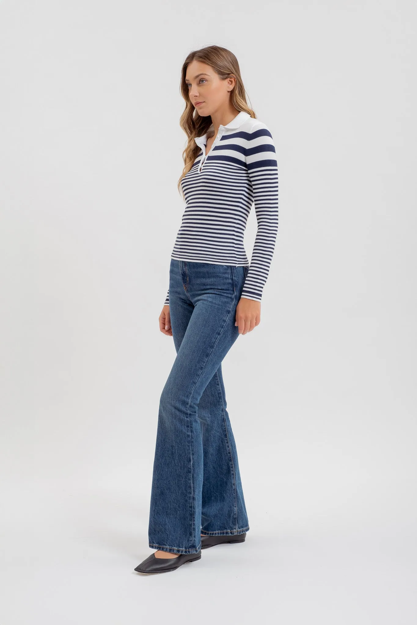 STRIPE COLLARED LONG SLEEVE POLO SWEATER KNIT TOP