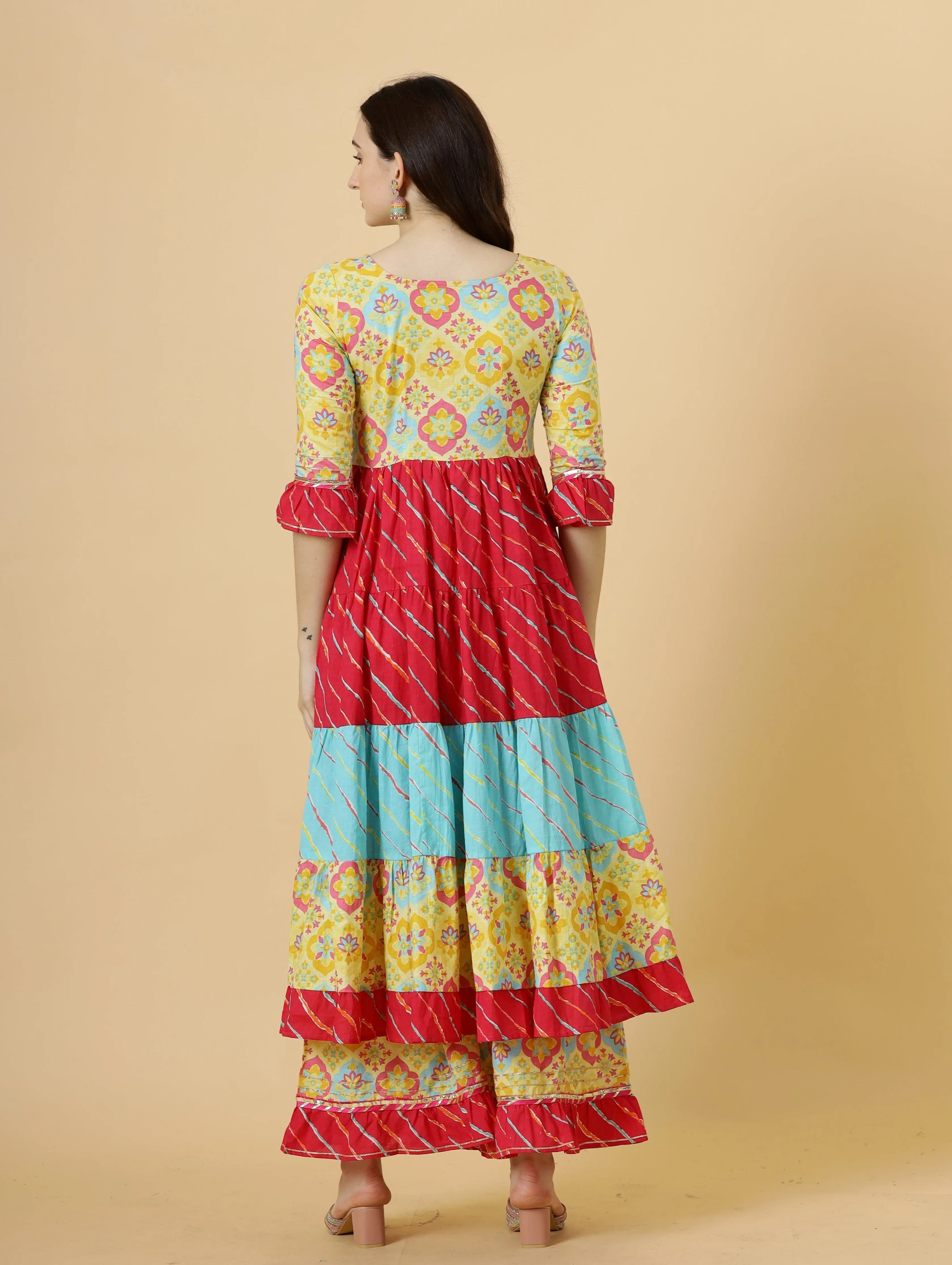 Stylish Multicolor Sanganeri Frock Kurti-Palazzo Set