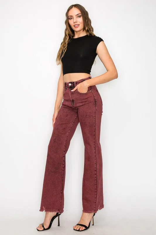 TEEK - BLEACHED BURGUNDY GARMENT DYE HIGH RISE FLARED LEG