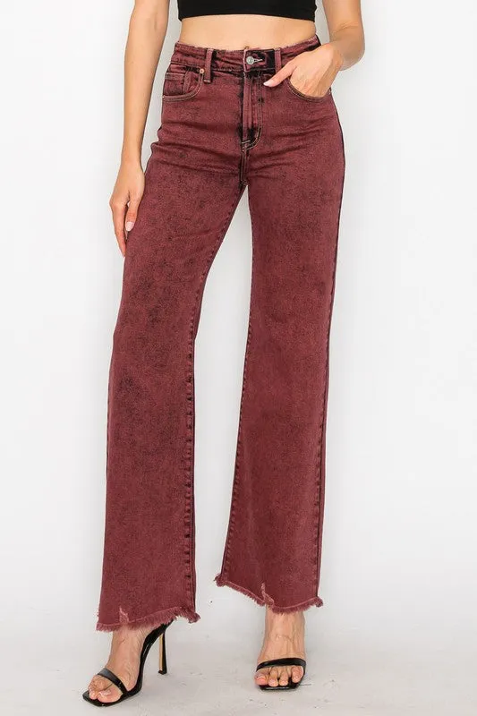 TEEK - BLEACHED BURGUNDY GARMENT DYE HIGH RISE FLARED LEG