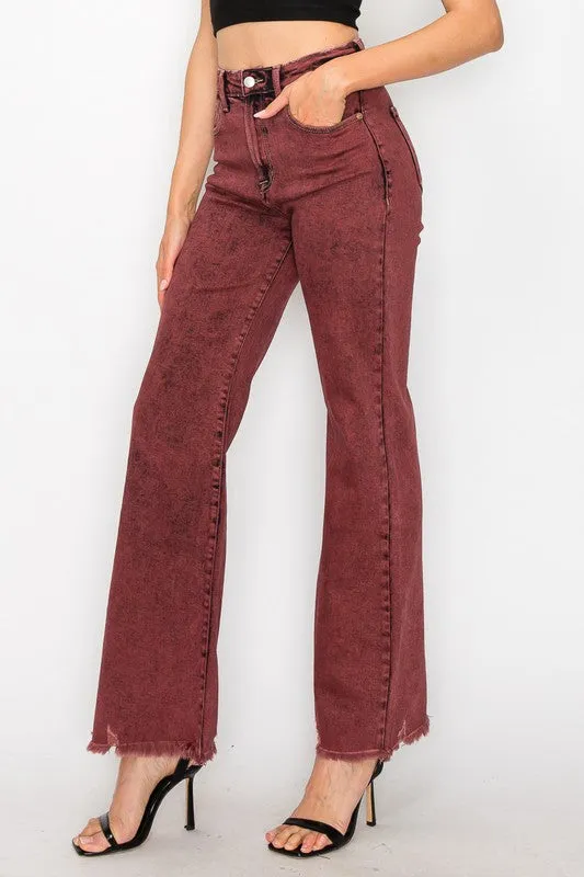 TEEK - BLEACHED BURGUNDY GARMENT DYE HIGH RISE FLARED LEG