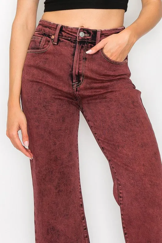 TEEK - BLEACHED BURGUNDY GARMENT DYE HIGH RISE FLARED LEG