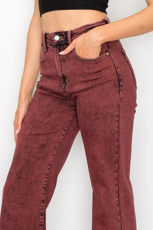 TEEK - BLEACHED BURGUNDY GARMENT DYE HIGH RISE FLARED LEG