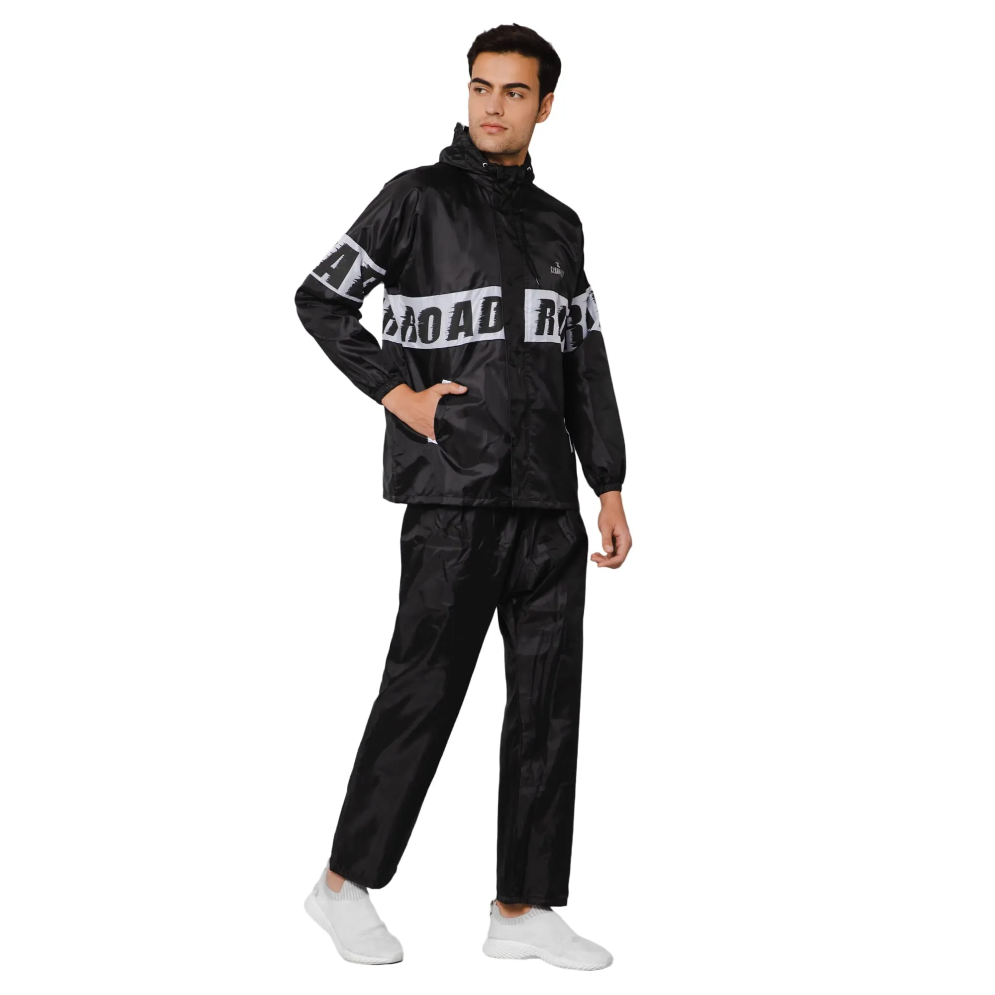 The Clownfish by STRAUSS Road Rider Men's Waterproof Raincoat Polyester Double Coating Reversible Rain Suit with Hood & Inner Mobile Pocket. Set of Top&Bottom. Printed Plastic Pouch (Black, XX-Large)