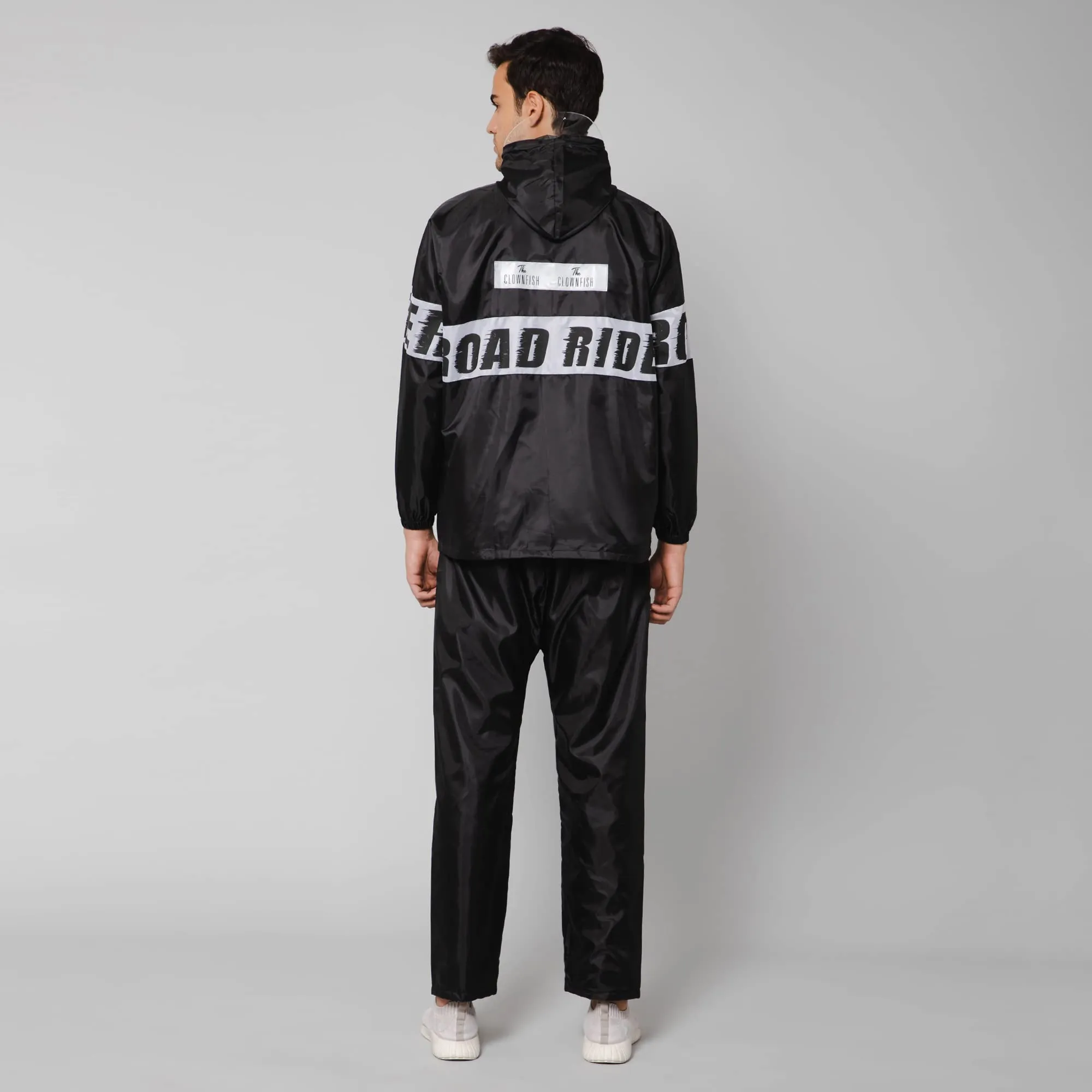 The Clownfish by STRAUSS Road Rider Men's Waterproof Raincoat Polyester Double Coating Reversible Rain Suit with Hood & Inner Mobile Pocket. Set of Top&Bottom. Printed Plastic Pouch (Black, XX-Large)