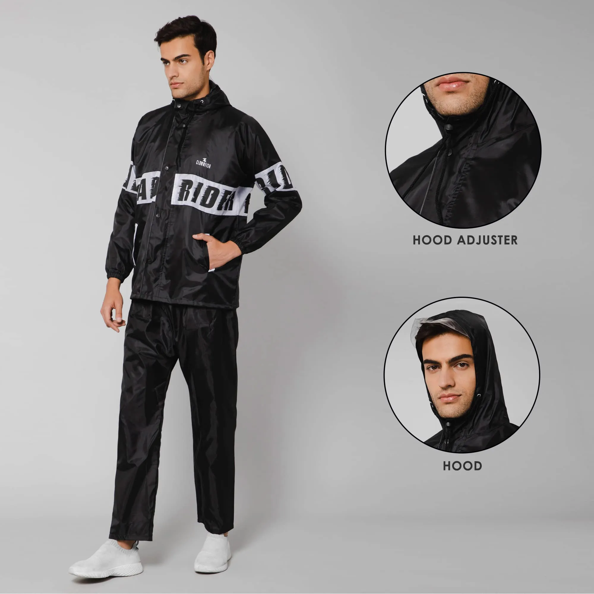 The Clownfish by STRAUSS Road Rider Men's Waterproof Raincoat Polyester Double Coating Reversible Rain Suit with Hood & Inner Mobile Pocket. Set of Top&Bottom. Printed Plastic Pouch (Black, XX-Large)