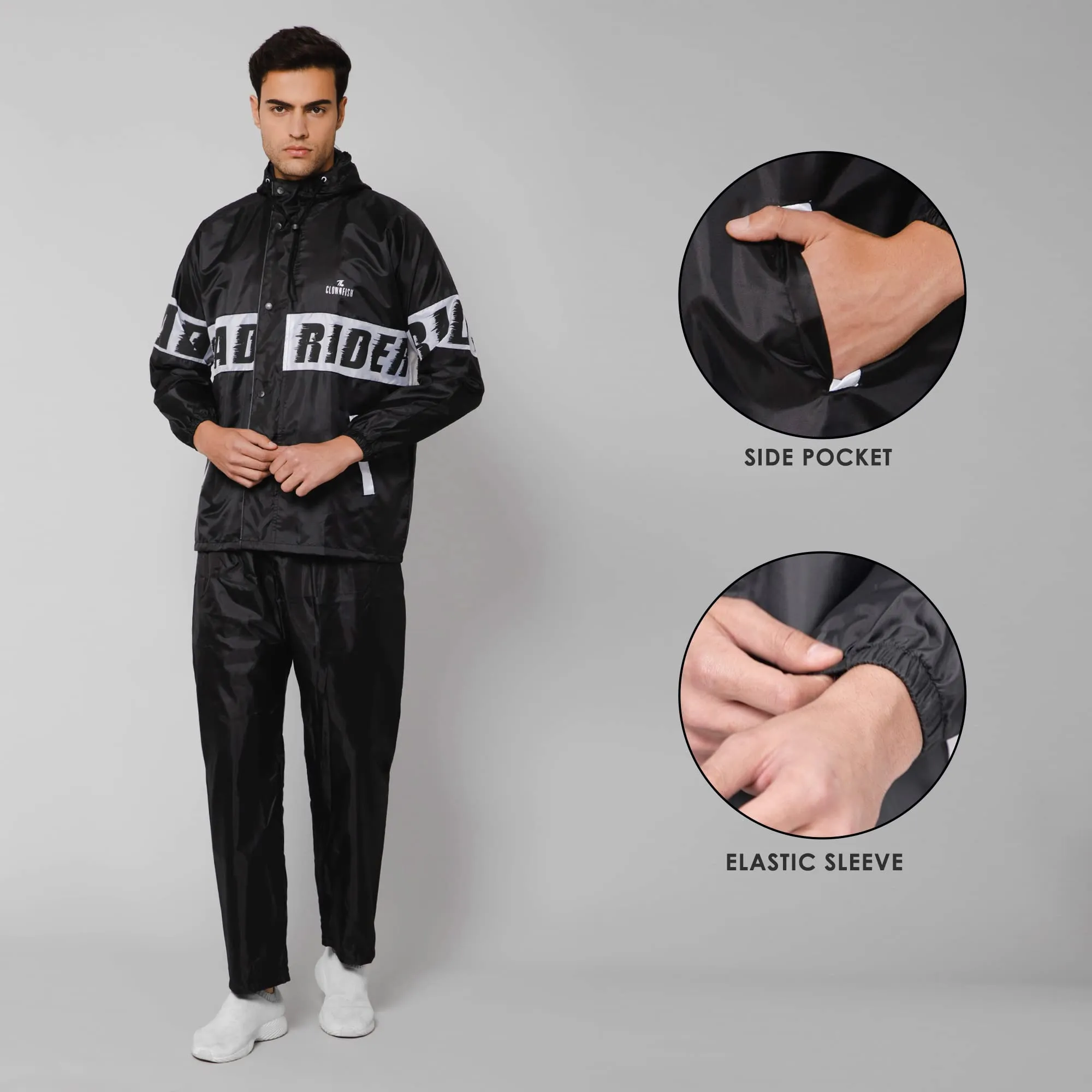 The Clownfish by STRAUSS Road Rider Men's Waterproof Raincoat Polyester Double Coating Reversible Rain Suit with Hood & Inner Mobile Pocket. Set of Top&Bottom. Printed Plastic Pouch (Black, XX-Large)