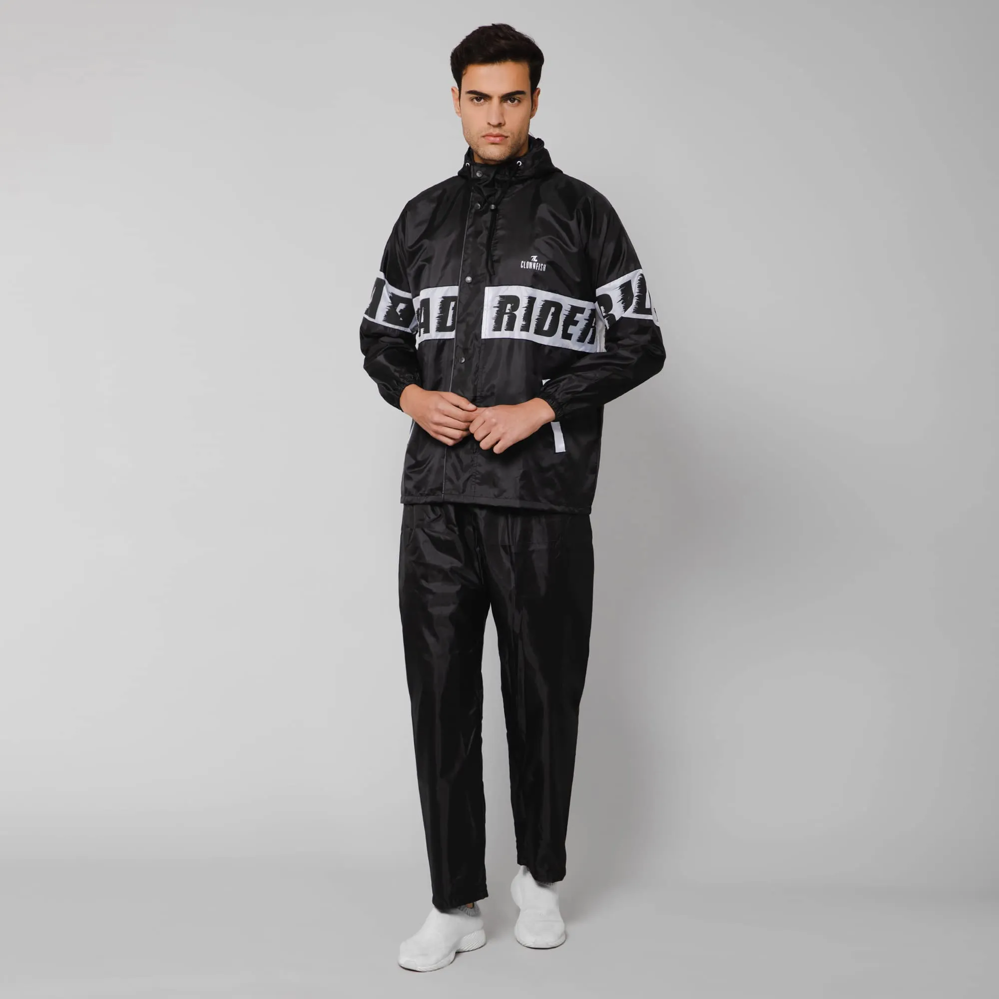 The Clownfish by STRAUSS Road Rider Men's Waterproof Raincoat Polyester Double Coating Reversible Rain Suit with Hood & Inner Mobile Pocket. Set of Top&Bottom. Printed Plastic Pouch (Black, XX-Large)