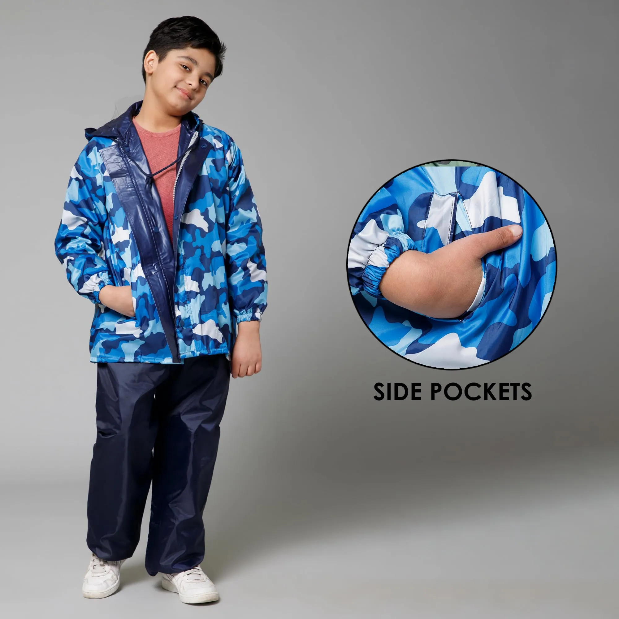 THE CLOWNFISH Comrad Series Kids Waterproof Nylon Double Coating Reversible Raincoat with Hood and Reflector Logo at Back. Set of Top and Bottom. Printed Plastic Pouch. Kid Age-11-13 years(Blue Camo)