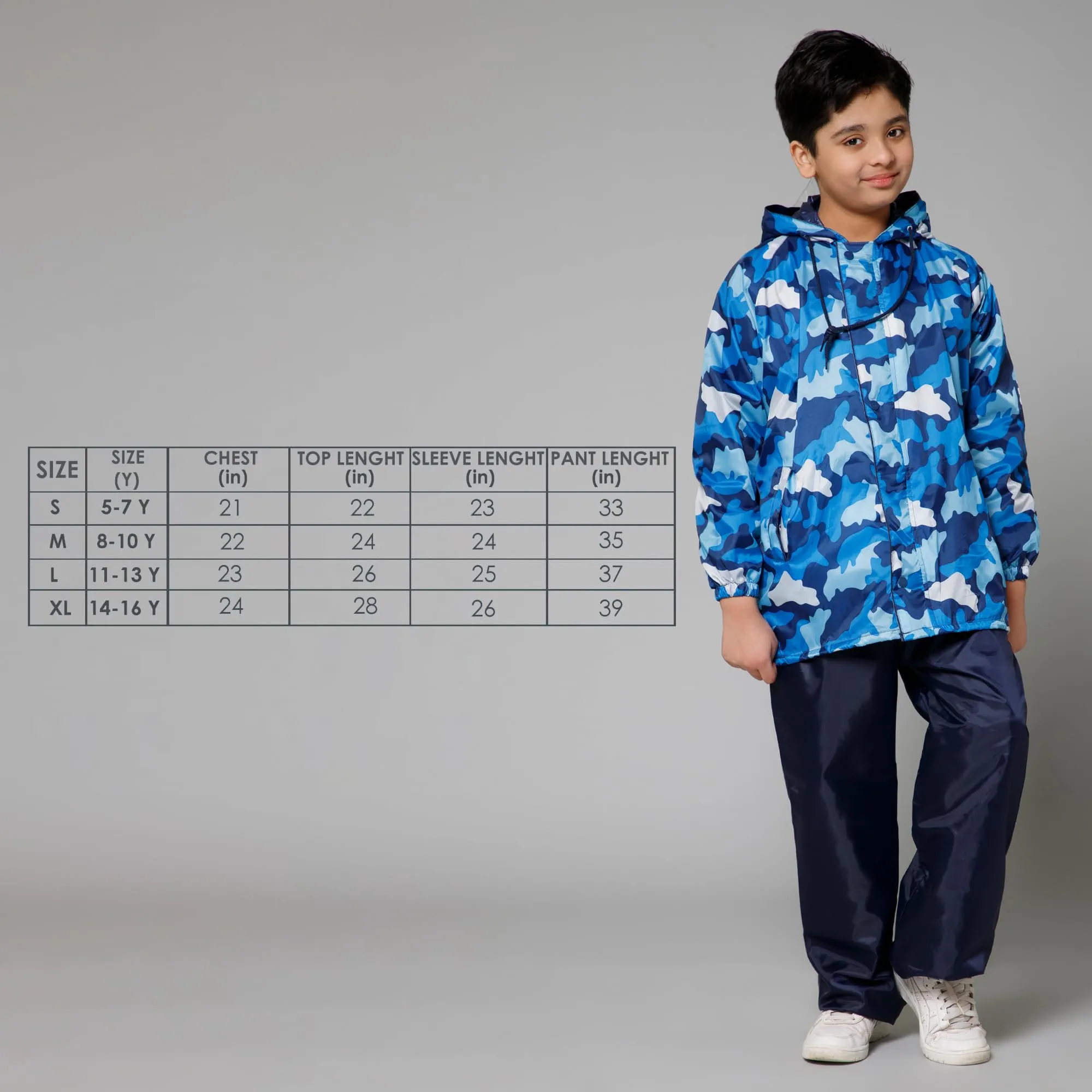 THE CLOWNFISH Comrad Series Kids Waterproof Nylon Double Coating Reversible Raincoat with Hood and Reflector Logo at Back. Set of Top and Bottom. Printed Plastic Pouch. Kid Age-11-13 years(Blue Camo)