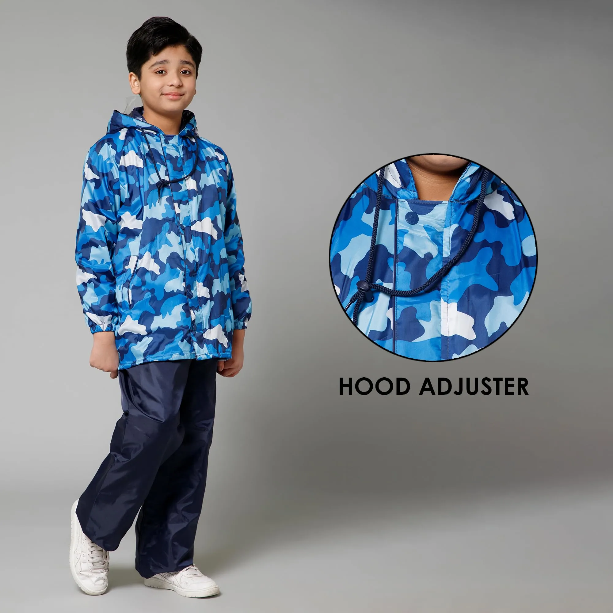 THE CLOWNFISH Comrad Series Kids Waterproof Nylon Double Coating Reversible Raincoat with Hood and Reflector Logo at Back. Set of Top and Bottom. Printed Plastic Pouch. Kid Age-11-13 years(Blue Camo)