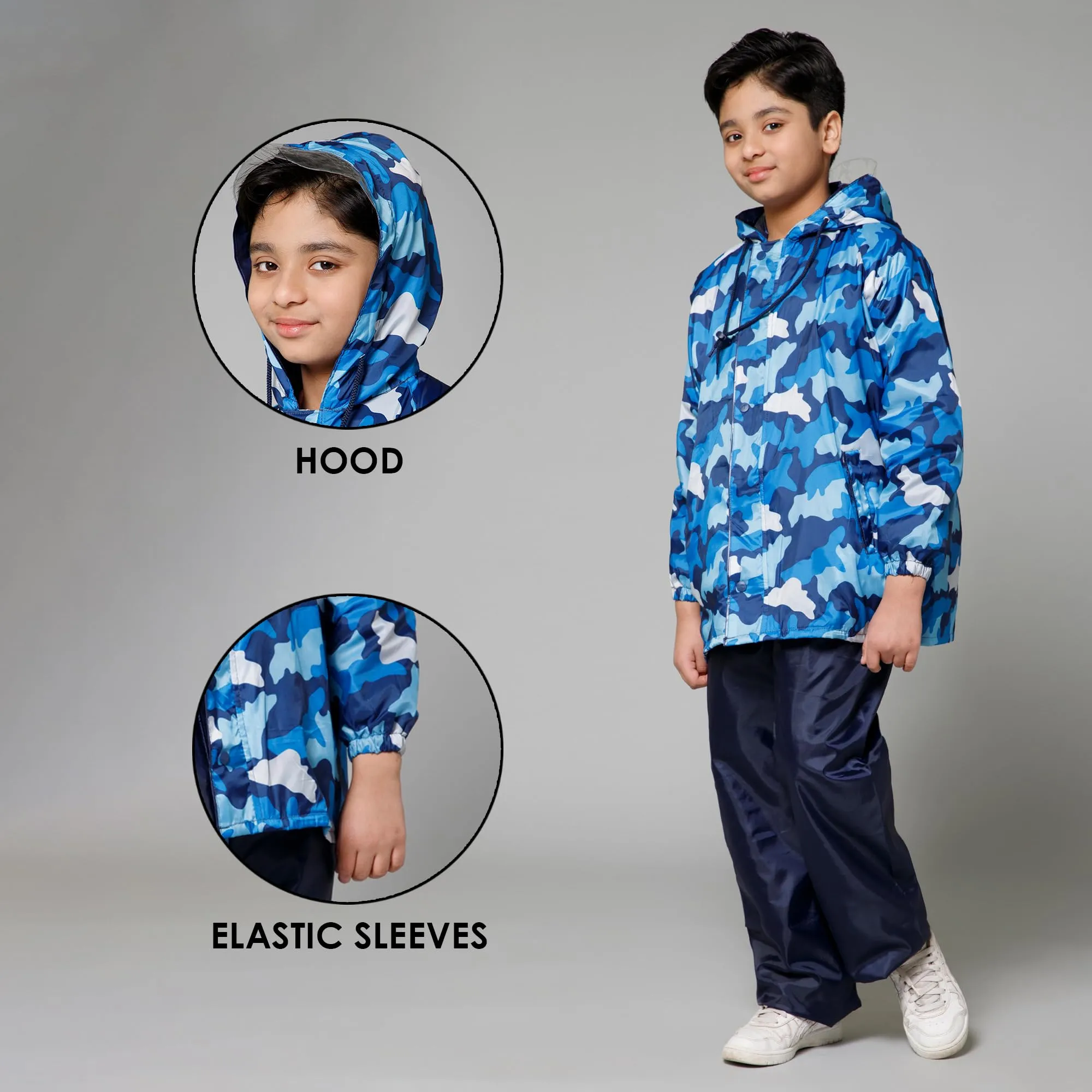 THE CLOWNFISH Comrad Series Kids Waterproof Nylon Double Coating Reversible Raincoat with Hood and Reflector Logo at Back. Set of Top and Bottom. Printed Plastic Pouch. Kid Age-11-13 years(Blue Camo)