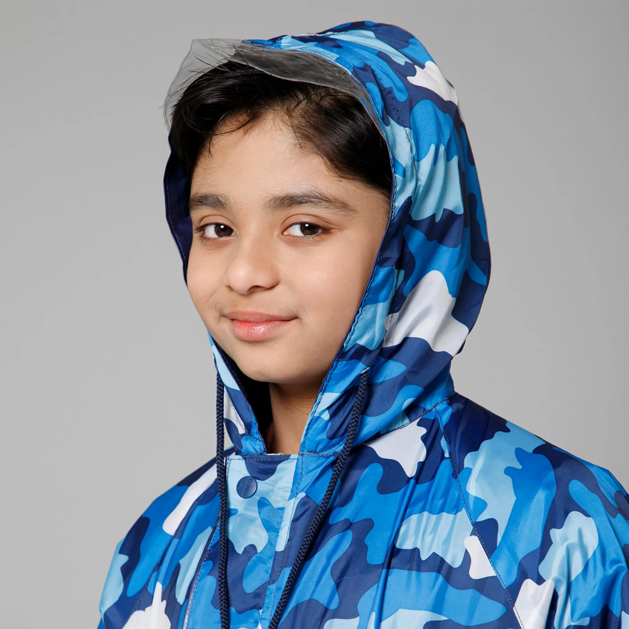 THE CLOWNFISH Comrad Series Kids Waterproof Nylon Double Coating Reversible Raincoat with Hood and Reflector Logo at Back. Set of Top and Bottom. Printed Plastic Pouch. Kid Age-11-13 years(Blue Camo)