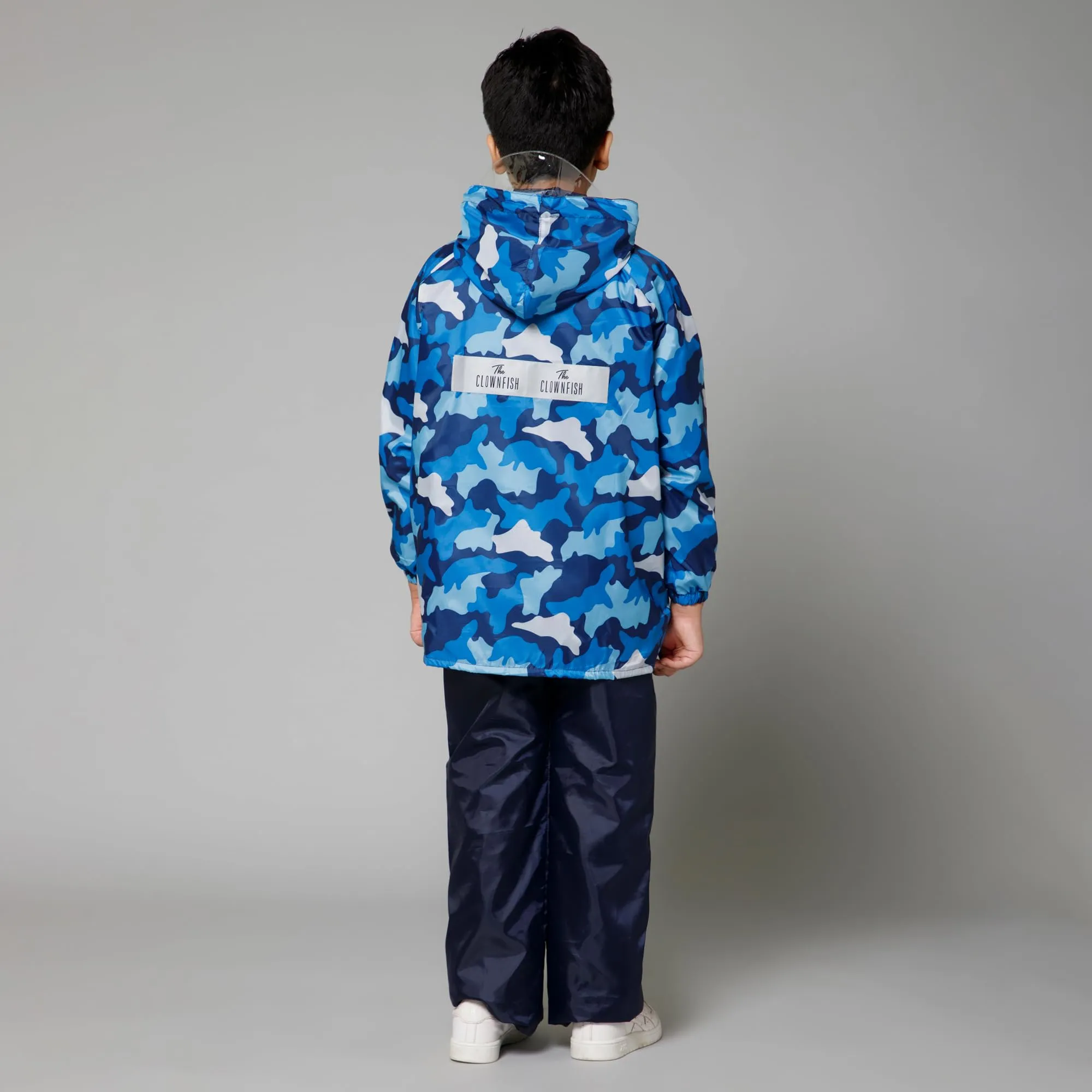 THE CLOWNFISH Comrad Series Kids Waterproof Nylon Double Coating Reversible Raincoat with Hood and Reflector Logo at Back. Set of Top and Bottom. Printed Plastic Pouch. Kid Age-11-13 years(Blue Camo)