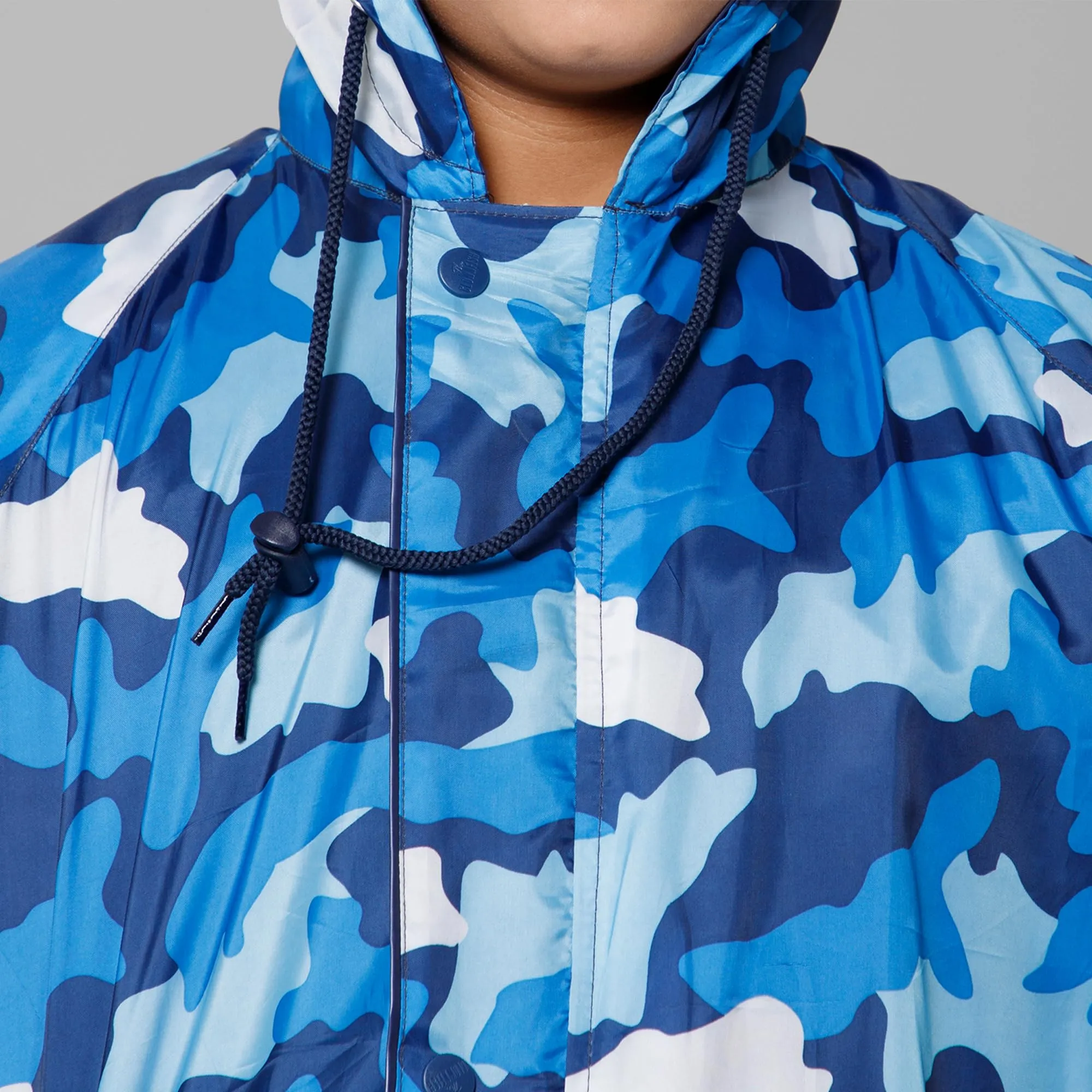 THE CLOWNFISH Comrad Series Kids Waterproof Nylon Double Coating Reversible Raincoat with Hood and Reflector Logo at Back. Set of Top and Bottom. Printed Plastic Pouch. Kid Age-11-13 years(Blue Camo)