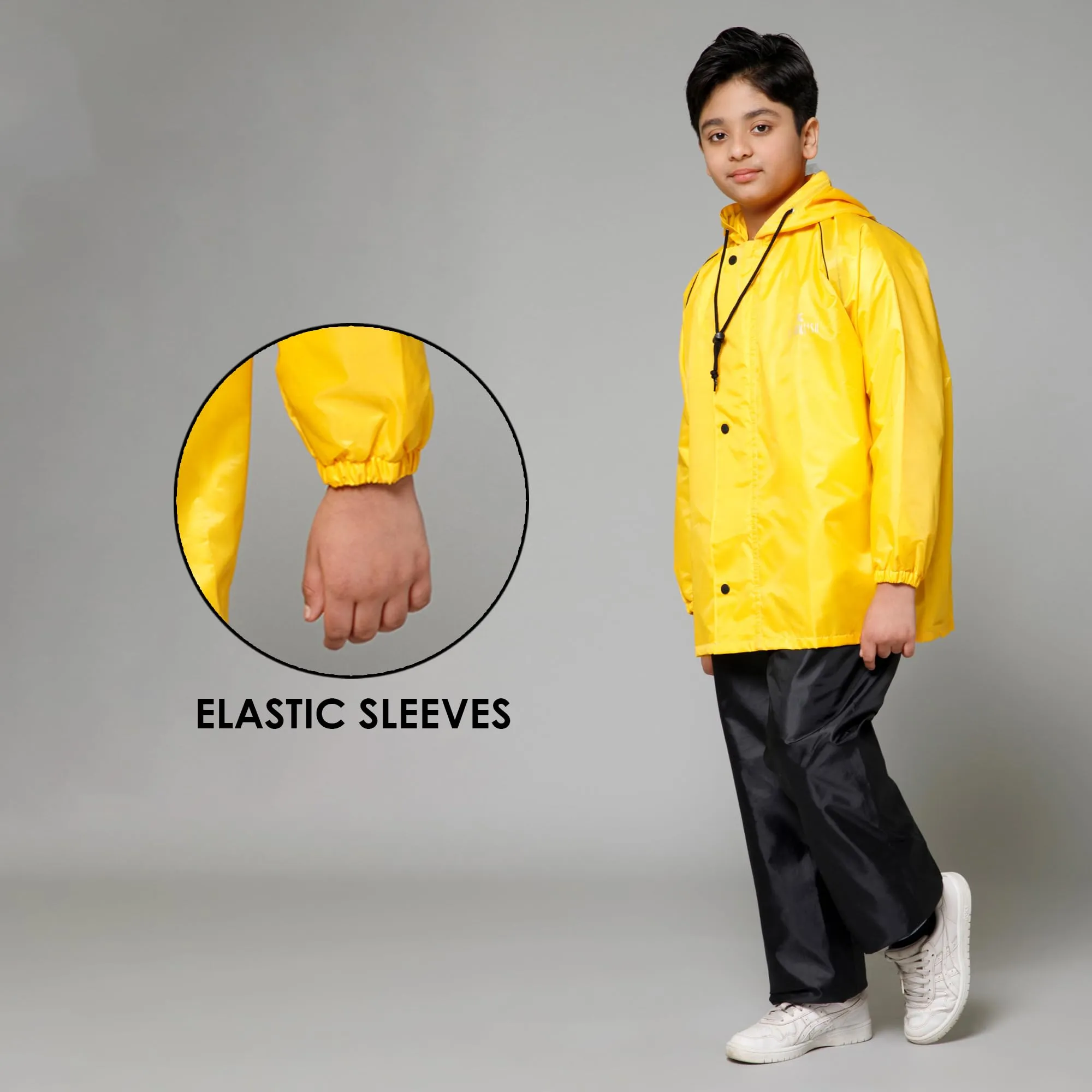 THE CLOWNFISH Duke Series Kids Waterproof Polyester Double Coating Reversible Raincoat with Hood and Reflector Logo at Back. Set of Top and Bottom. Printed Plastic Pouch. Kid Age-11-13 years (Yellow)