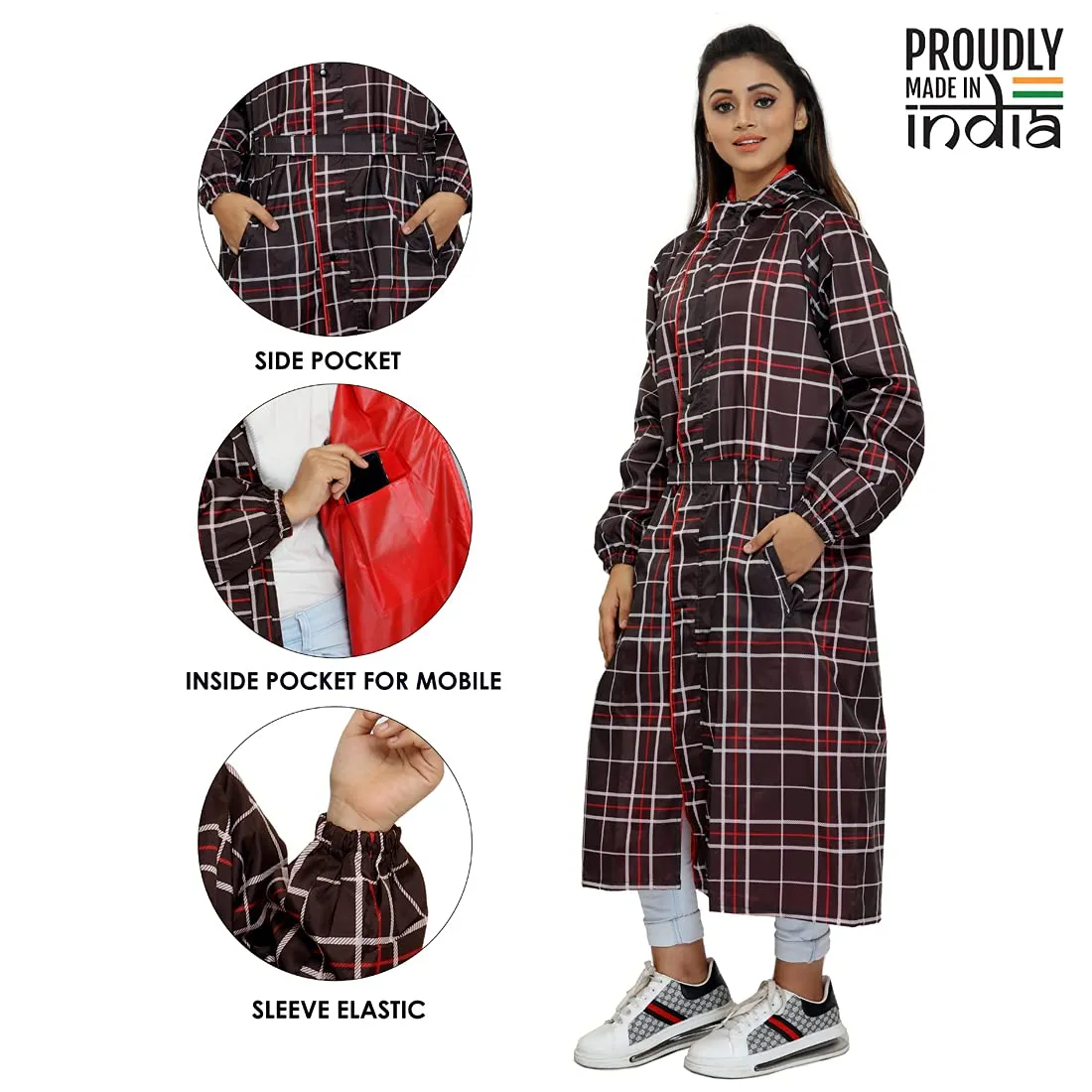 THE CLOWNFISH Dynamic Series Women's Waterproof Polyester Reversible Raincoat/Longcoat with Hood and Reflector Logo at Back for Night Visibility -with Storage Bag (Dark Brown, XL)
