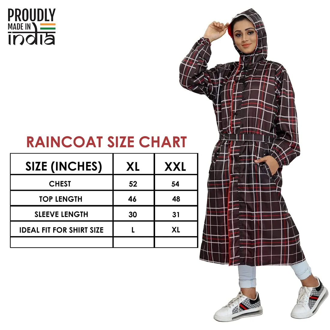 THE CLOWNFISH Dynamic Series Women's Waterproof Polyester Reversible Raincoat/Longcoat with Hood and Reflector Logo at Back for Night Visibility -with Storage Bag (Dark Brown, XL)