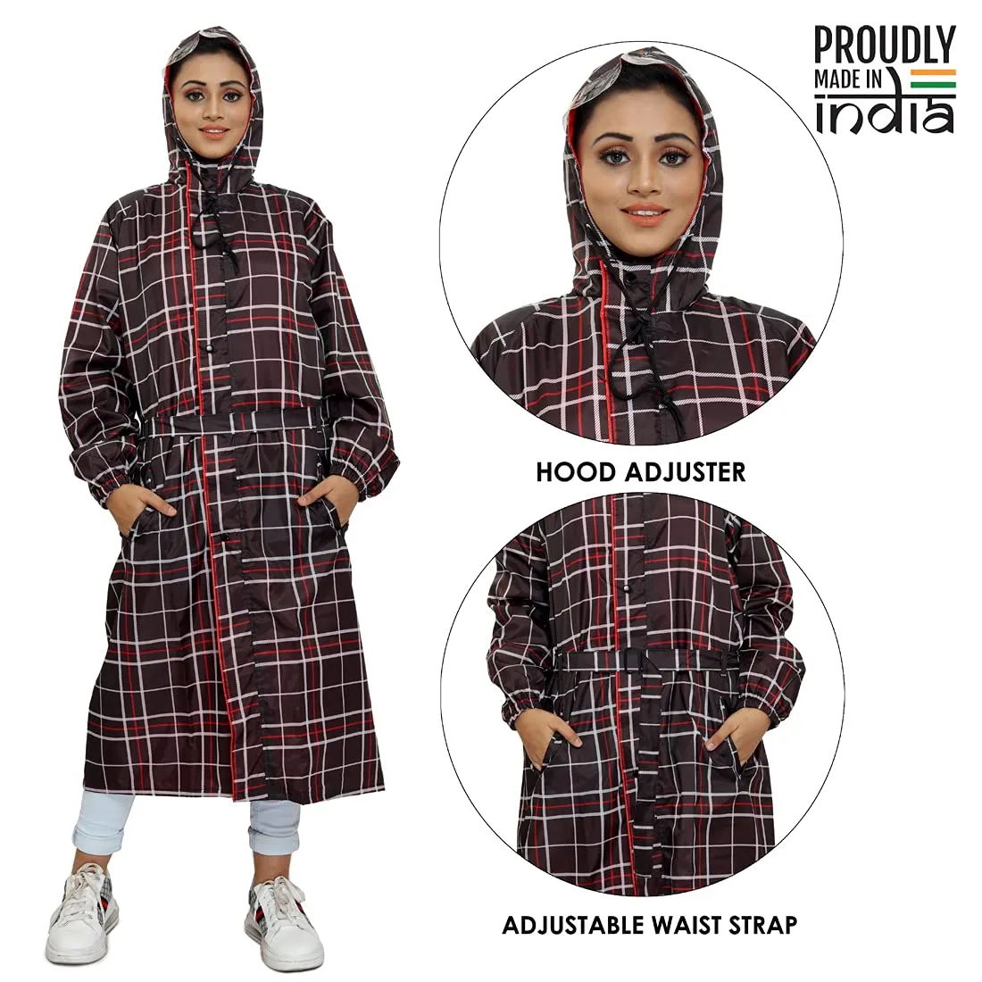 THE CLOWNFISH Dynamic Series Women's Waterproof Polyester Reversible Raincoat/Longcoat with Hood and Reflector Logo at Back for Night Visibility -with Storage Bag (Dark Brown, XL)