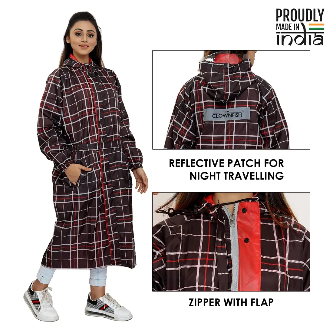 THE CLOWNFISH Dynamic Series Women's Waterproof Polyester Reversible Raincoat/Longcoat with Hood and Reflector Logo at Back for Night Visibility -with Storage Bag (Dark Brown, XL)