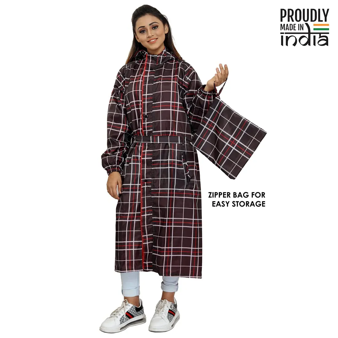 THE CLOWNFISH Dynamic Series Women's Waterproof Polyester Reversible Raincoat/Longcoat with Hood and Reflector Logo at Back for Night Visibility -with Storage Bag (Dark Brown, XL)