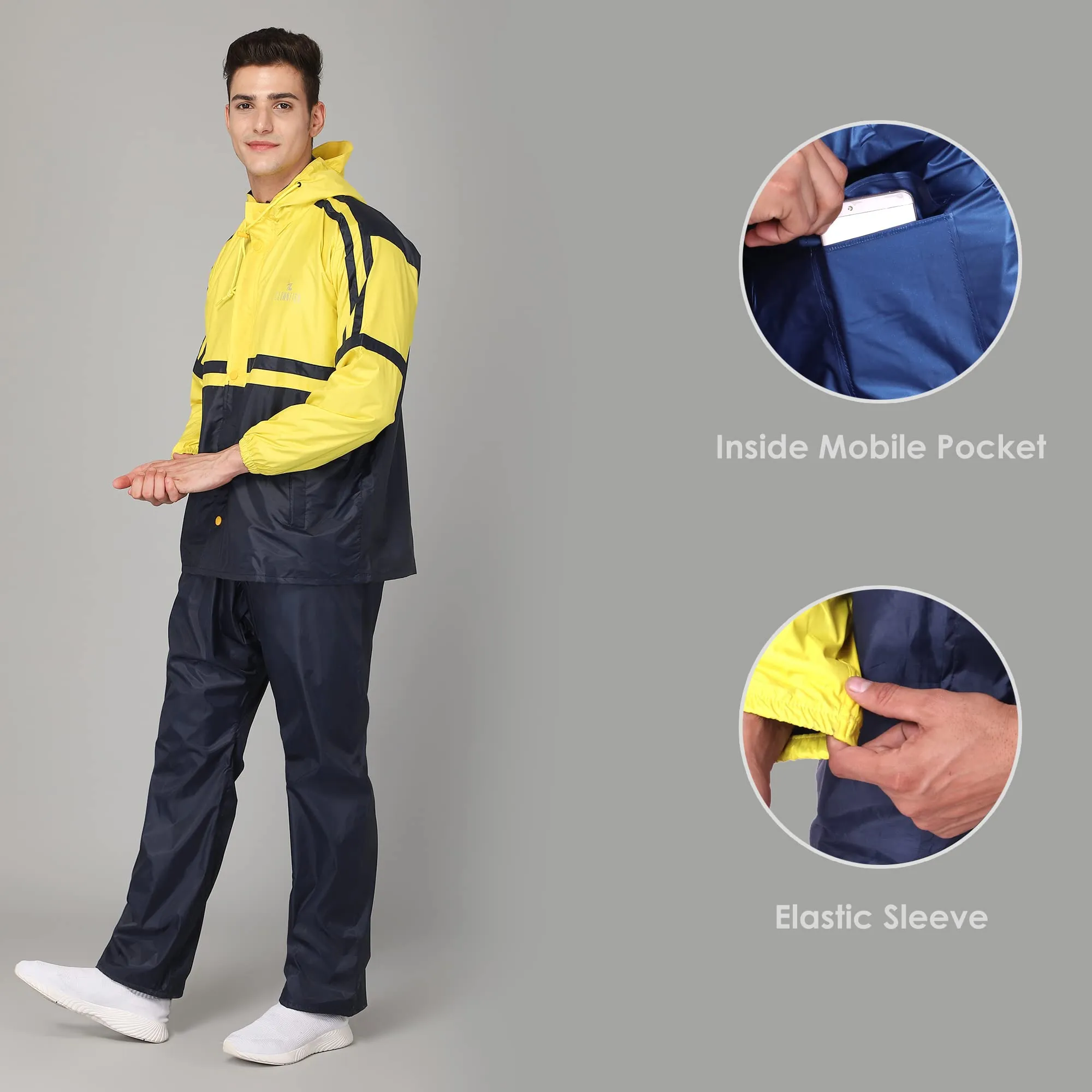 The Clownfish Leo Men's Waterproof Polyester Double Coating Reversible Raincoat with Hood and Reflector Logo at Back for Night Travelling. Set of Top and Bottom. Printed Plastic Pouch with Rope ( Blue, XX-Large)