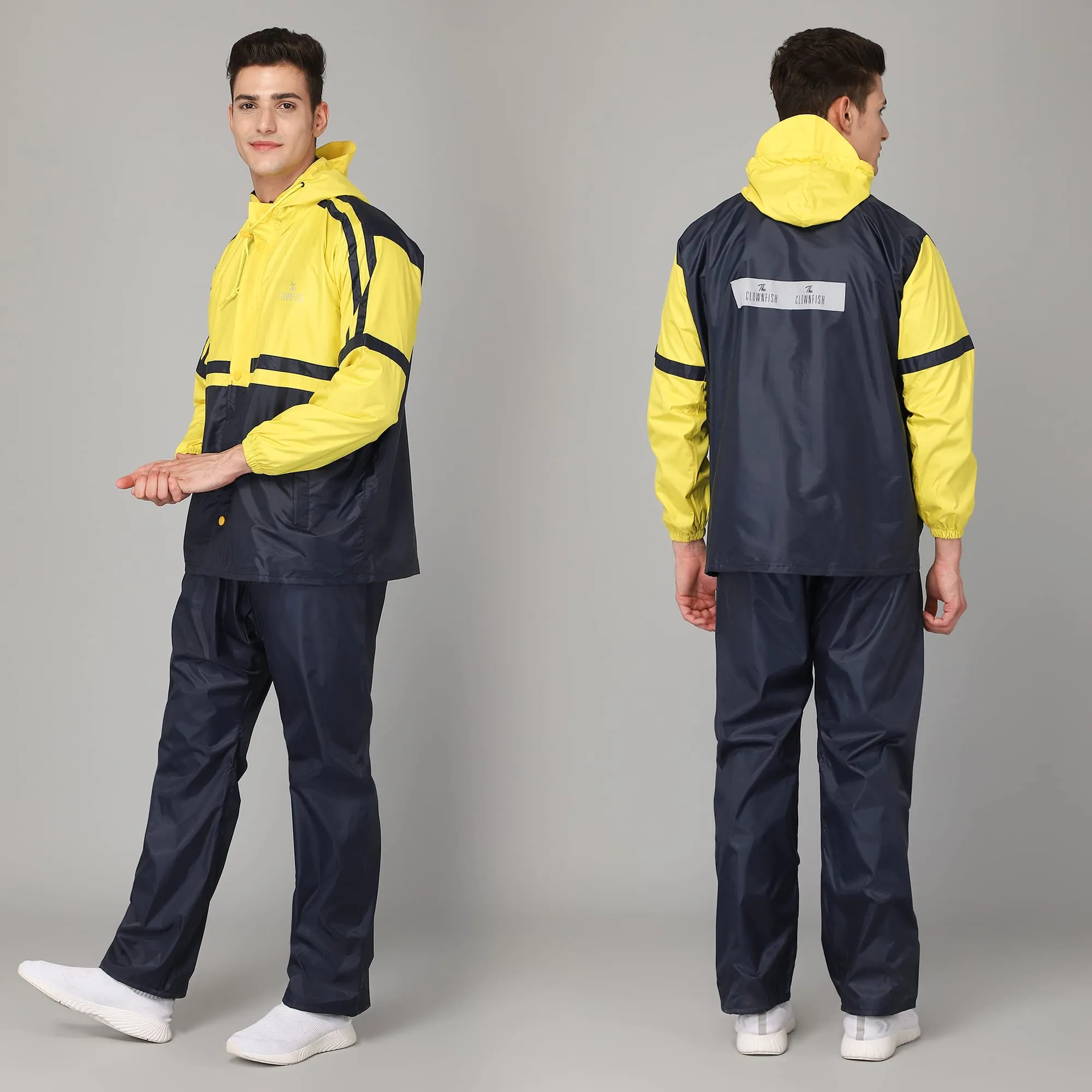 The Clownfish Leo Men's Waterproof Polyester Double Coating Reversible Raincoat with Hood and Reflector Logo at Back for Night Travelling. Set of Top and Bottom. Printed Plastic Pouch with Rope ( Blue, XX-Large)