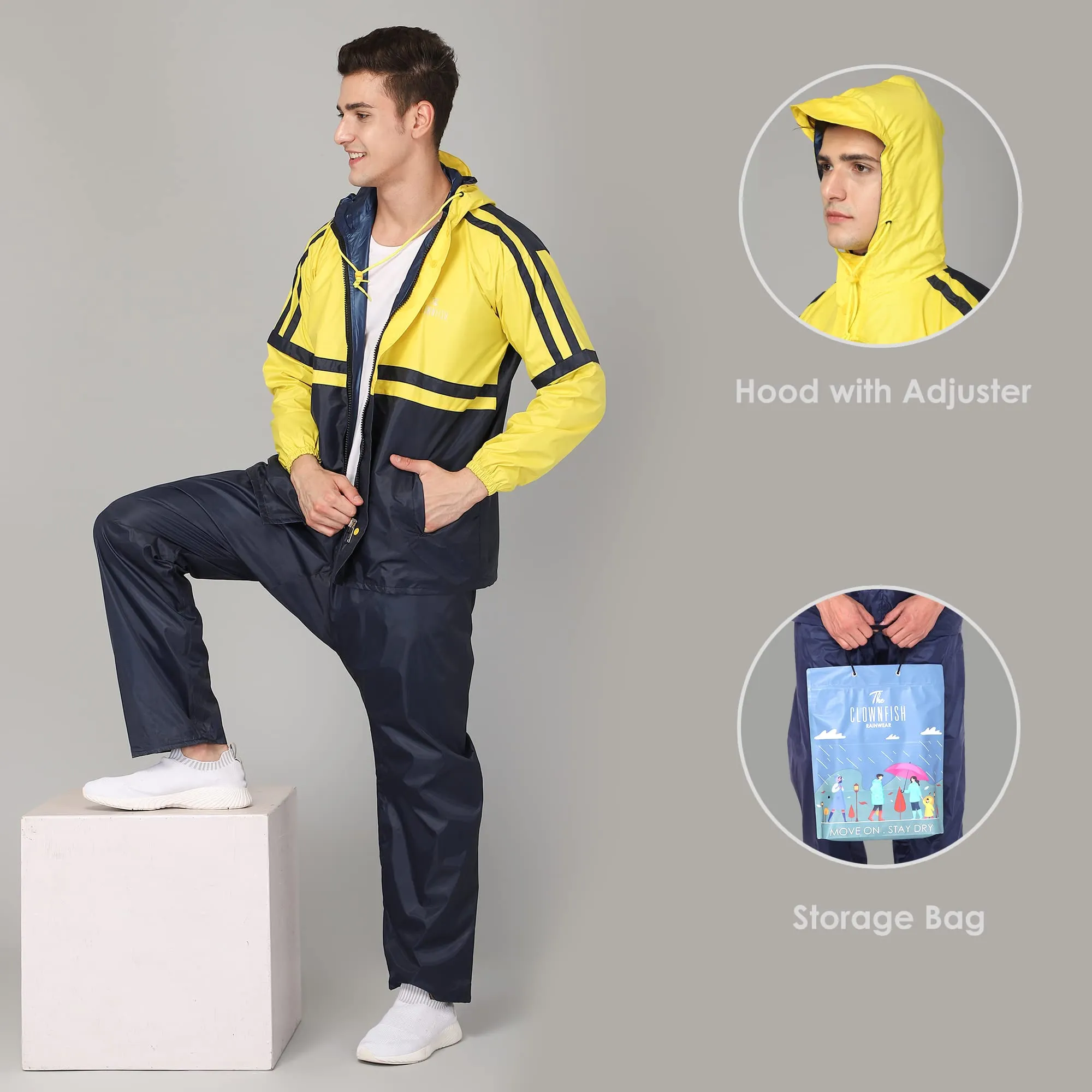 The Clownfish Leo Men's Waterproof Polyester Double Coating Reversible Raincoat with Hood and Reflector Logo at Back for Night Travelling. Set of Top and Bottom. Printed Plastic Pouch with Rope ( Blue, XX-Large)