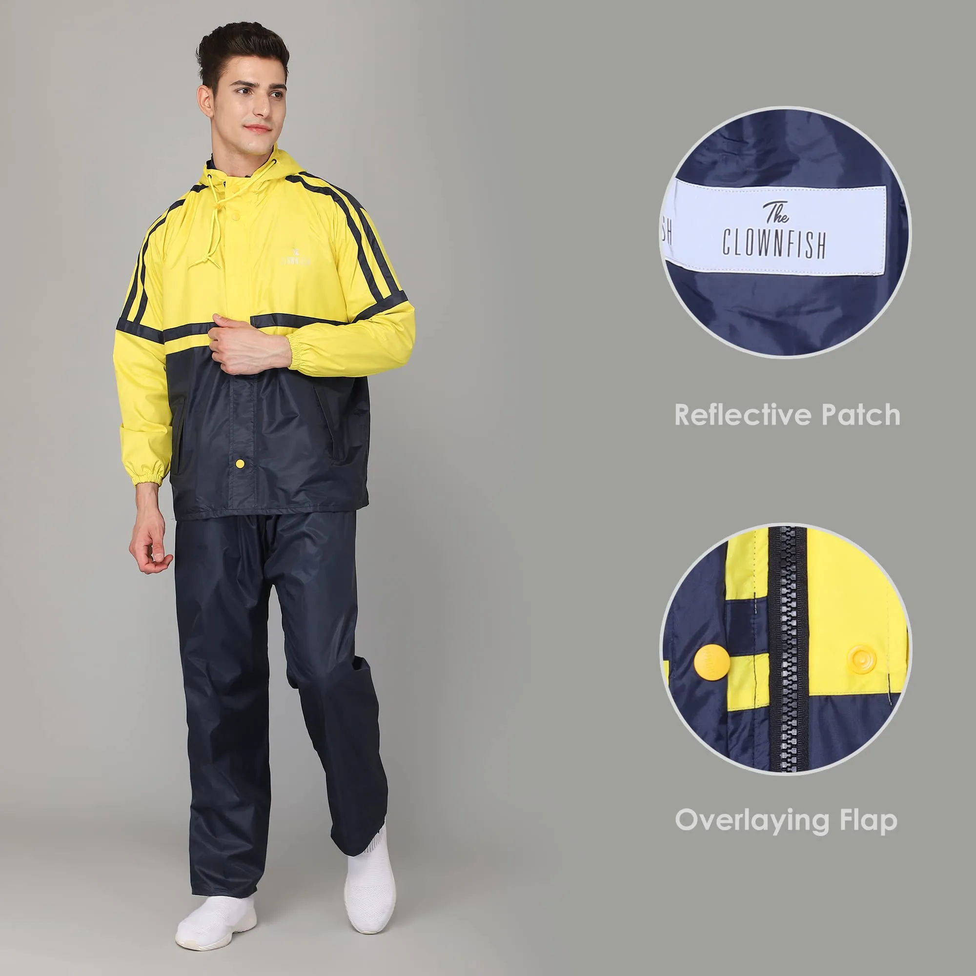 The Clownfish Leo Men's Waterproof Polyester Double Coating Reversible Raincoat with Hood and Reflector Logo at Back for Night Travelling. Set of Top and Bottom. Printed Plastic Pouch with Rope ( Blue, XX-Large)