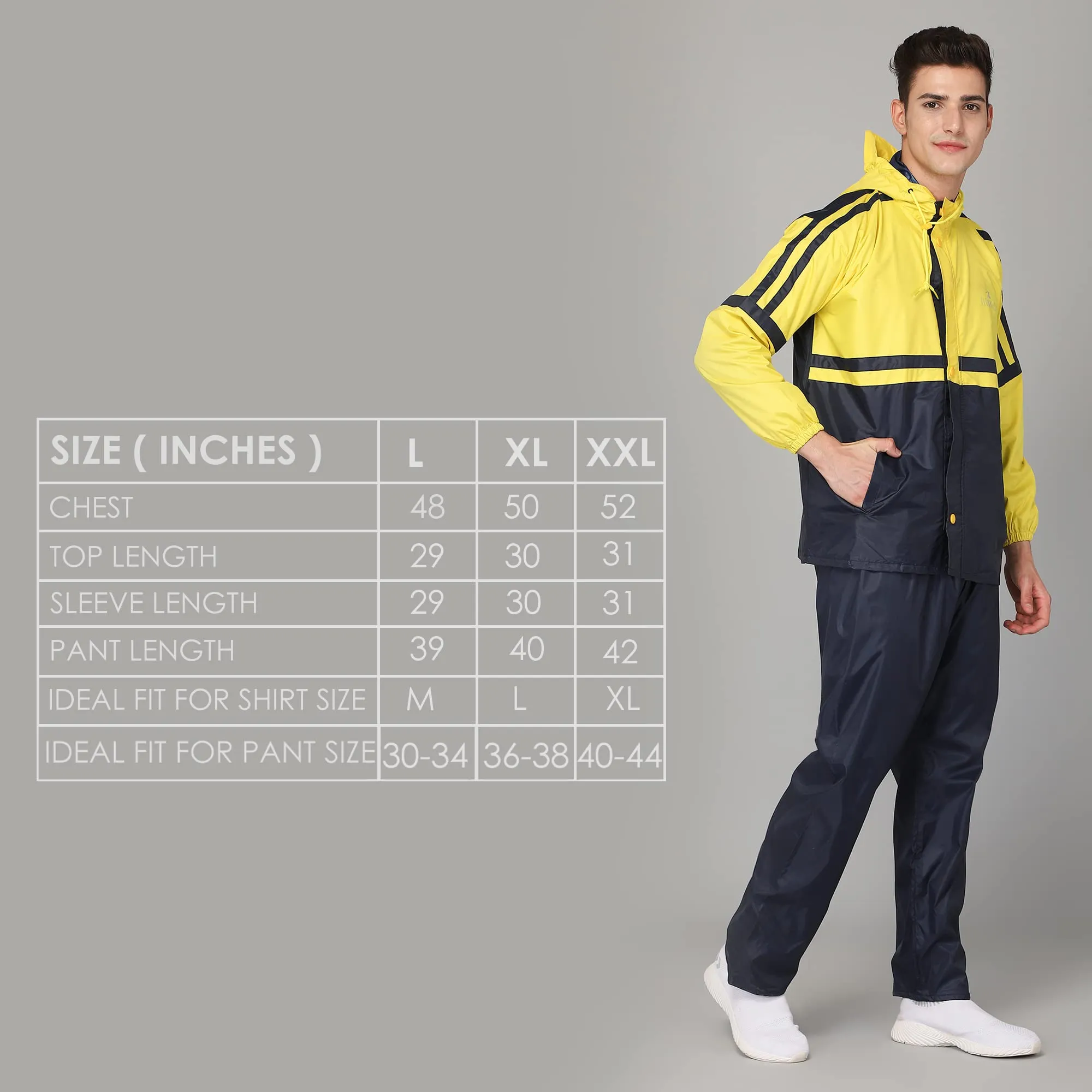 The Clownfish Leo Men's Waterproof Polyester Double Coating Reversible Raincoat with Hood and Reflector Logo at Back for Night Travelling. Set of Top and Bottom. Printed Plastic Pouch with Rope ( Blue, XX-Large)