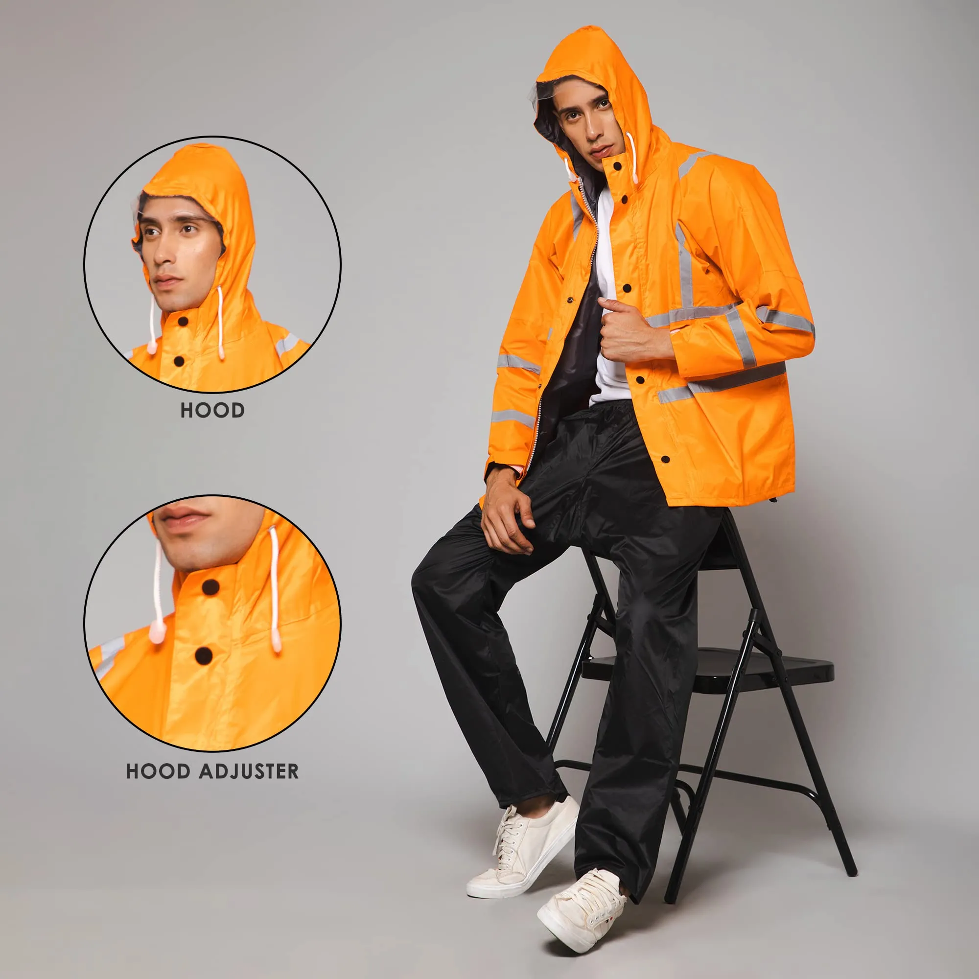 THE CLOWNFISH Leroy Series Rain Coat for Men Waterproof for Bike Raincoat for Men with Hood. Set of Orange Jacket with Black Trouser (Large)
