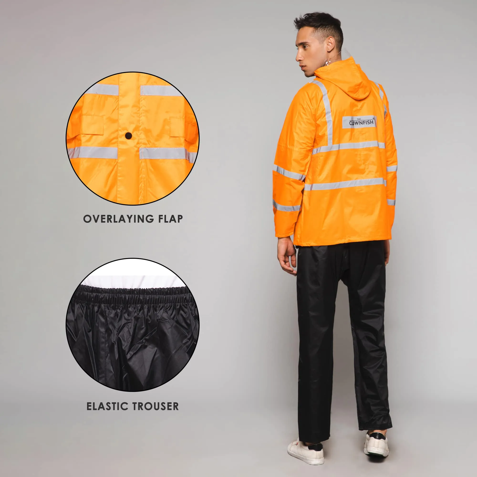 THE CLOWNFISH Leroy Series Rain Coat for Men Waterproof for Bike Raincoat for Men with Hood. Set of Orange Jacket with Black Trouser (Large)