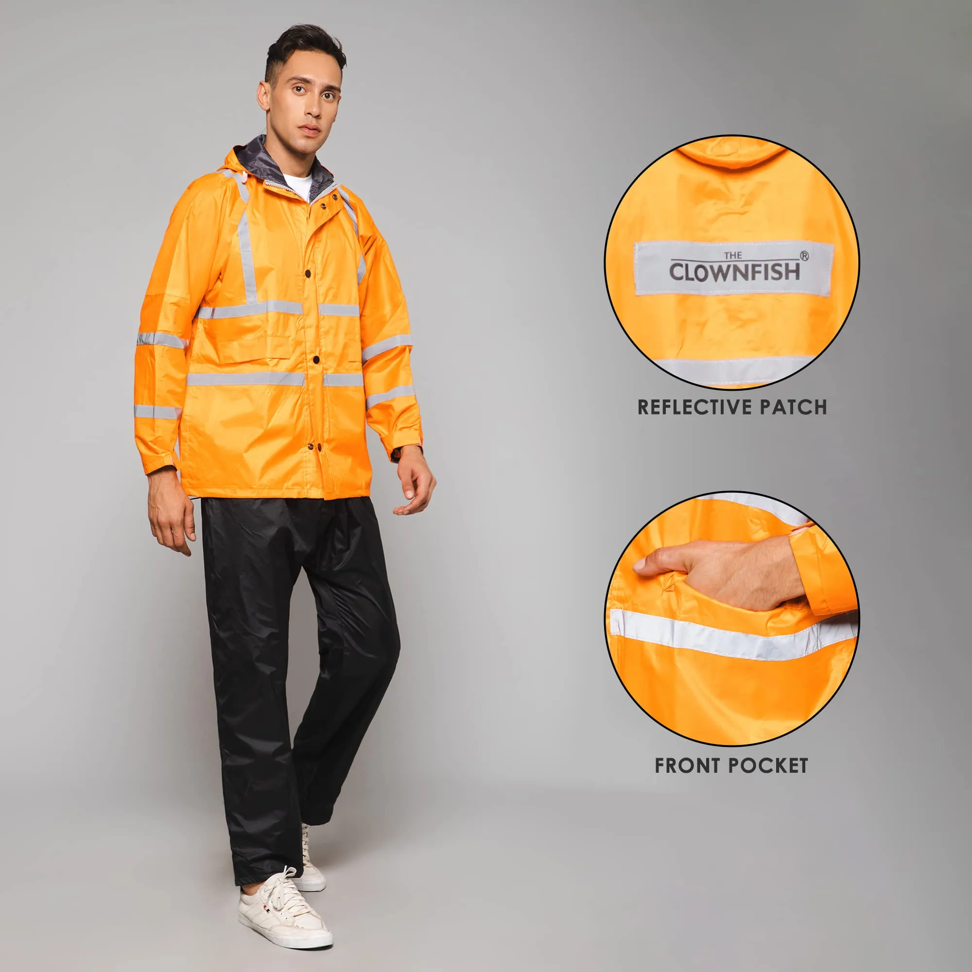 THE CLOWNFISH Leroy Series Rain Coat for Men Waterproof for Bike Raincoat for Men with Hood. Set of Orange Jacket with Black Trouser (Large)