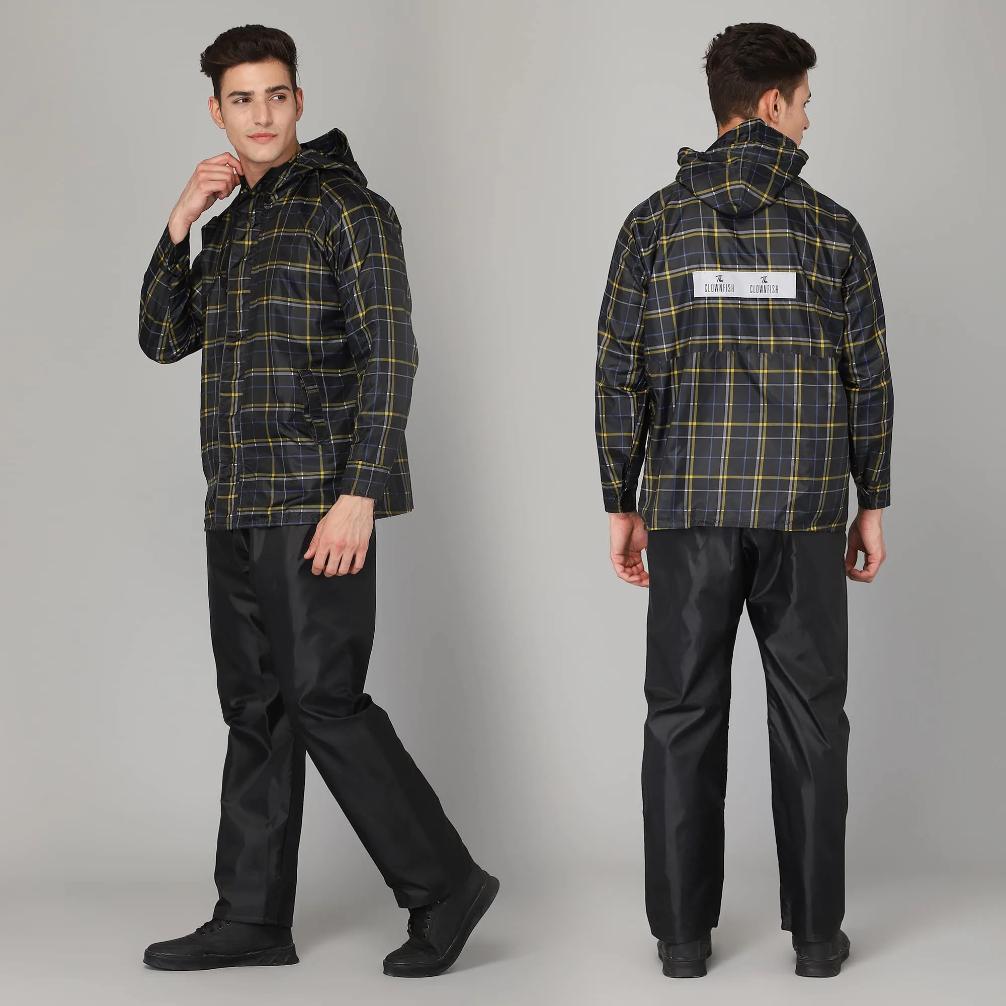 THE CLOWNFISH Monarch Pro Series Men's Waterproof Polyester Double Coating Reversible Raincoat with Hood and Reflector Logo at Back for Night Travelling. Set of Top and Bottom (Black, XXXL)